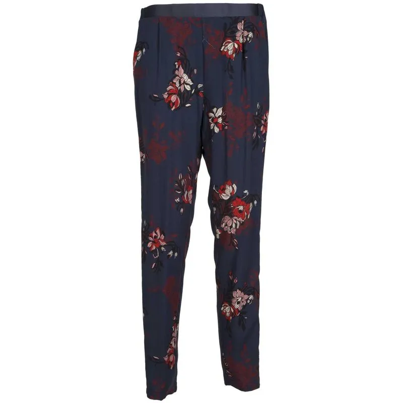 Pantalone stile pigiama blu con stampa fiori e fascia satinata 