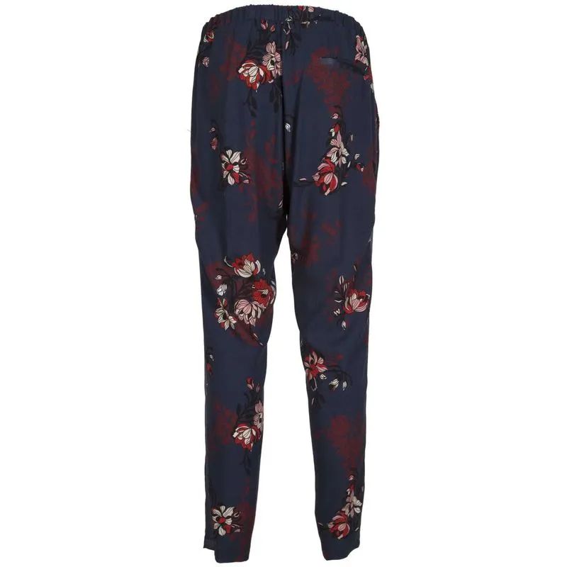 Pantalone stile pigiama blu con stampa fiori e fascia satinata 