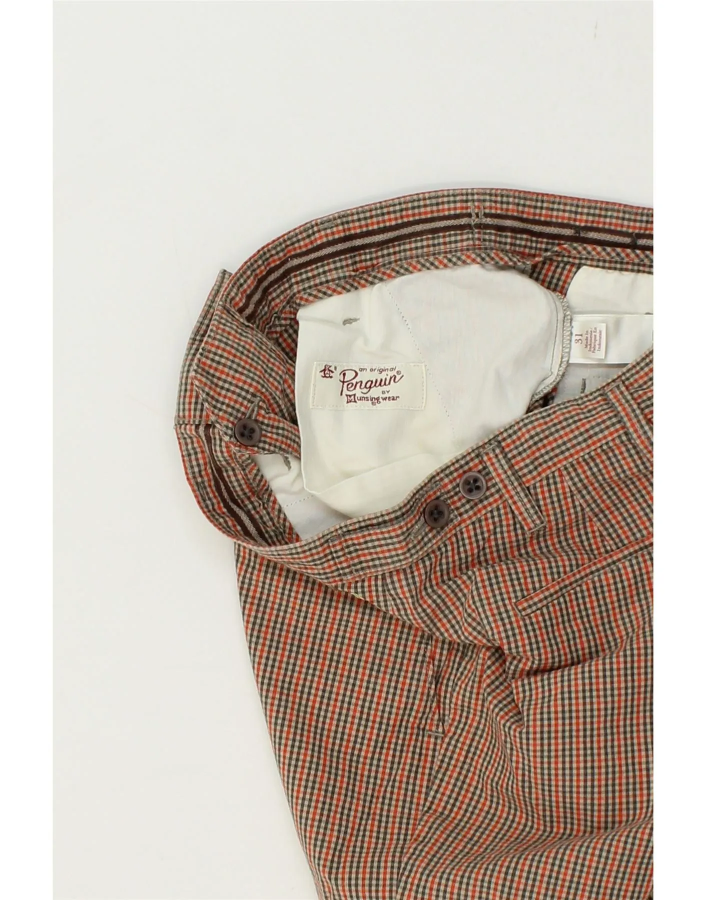 PENGUIN Mens Chino Shorts W31 Medium Red Check Cotton