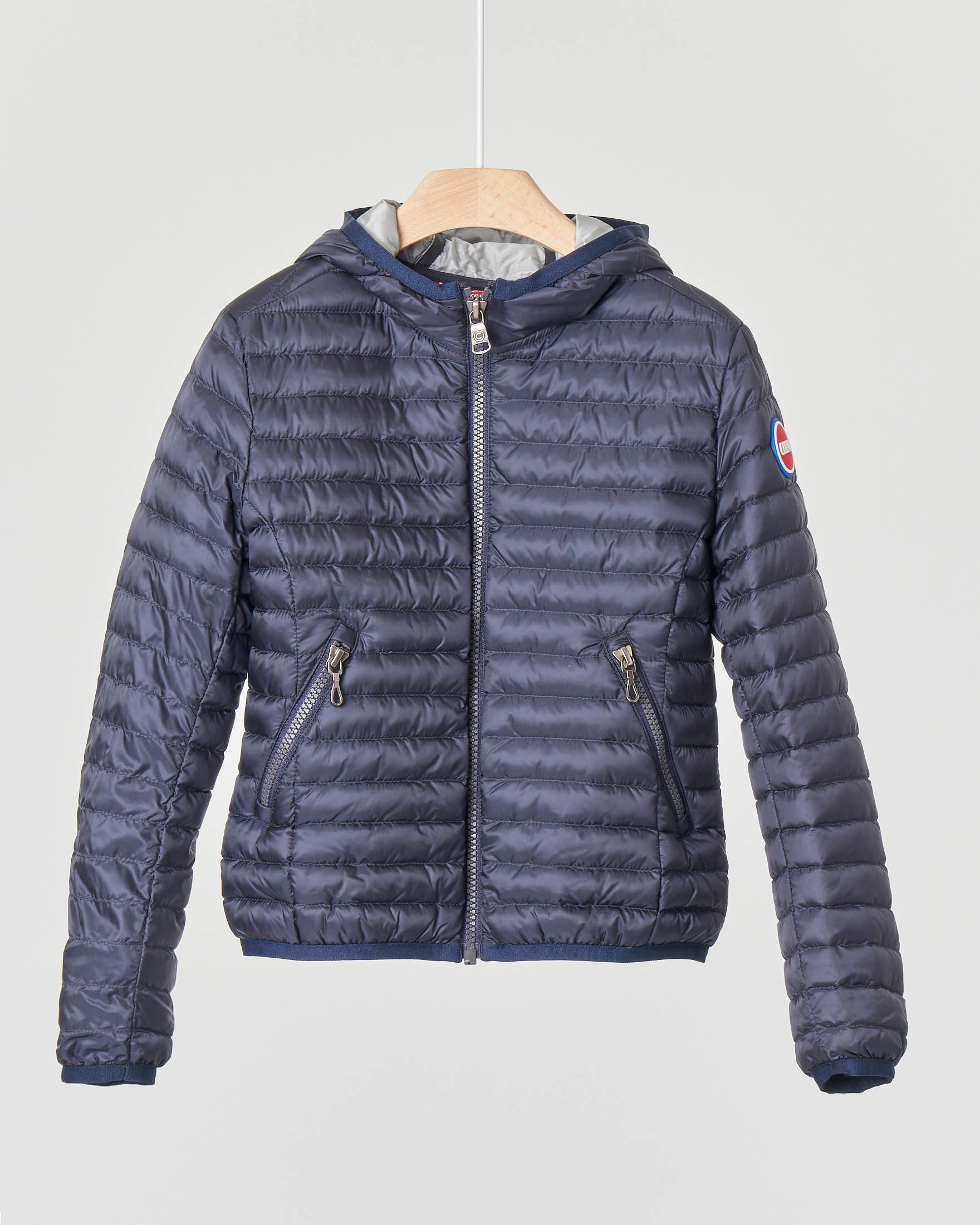 Piumino blu con cappuccio e interno grigio 4-6 anni
