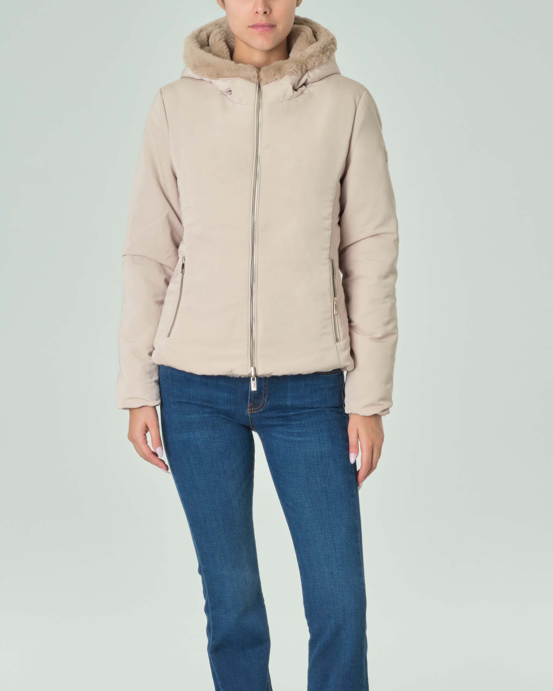 Piumino corto beige reversibile in ecopelliccia con cappuccio