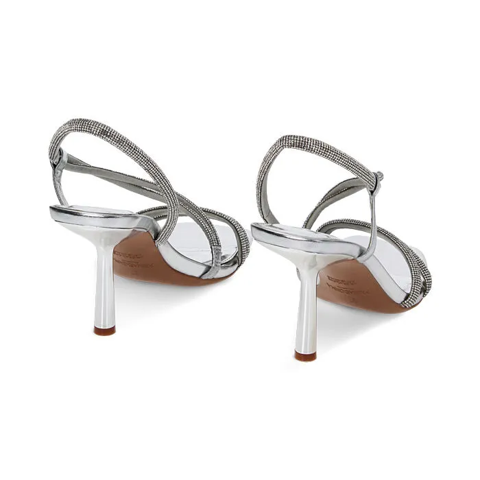 Sandali argento in laminato e pietre, tacco 8,4 cm