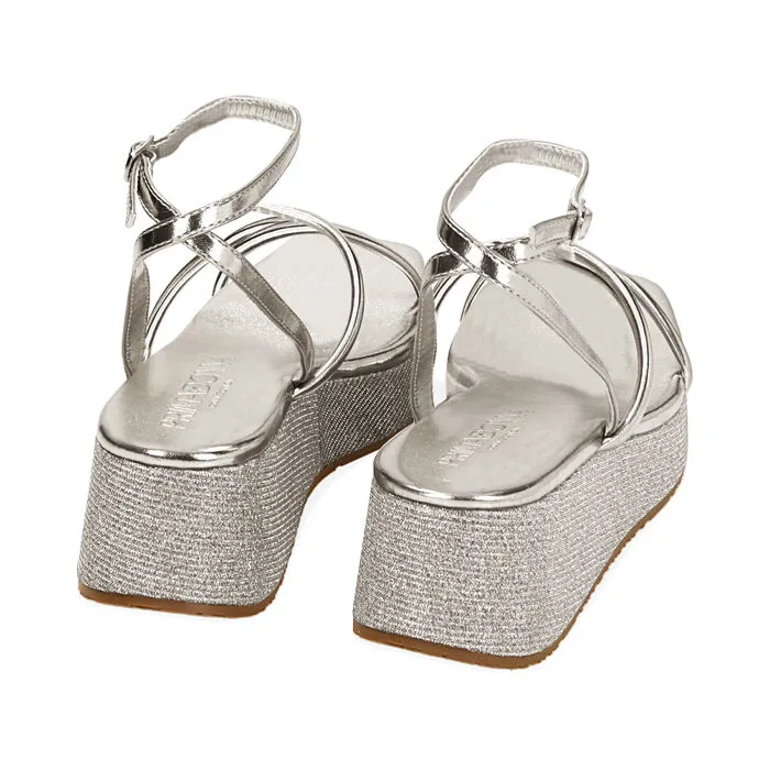 Sandali argento, zeppa glitter 5,5 cm