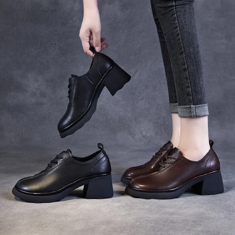 Scarpe casual da donna con tacco grosso in pelle retrò