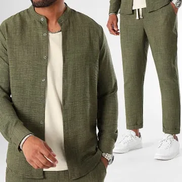 Set camicia a maniche lunghe e pantaloni effetto lino 1212 Verde kaki