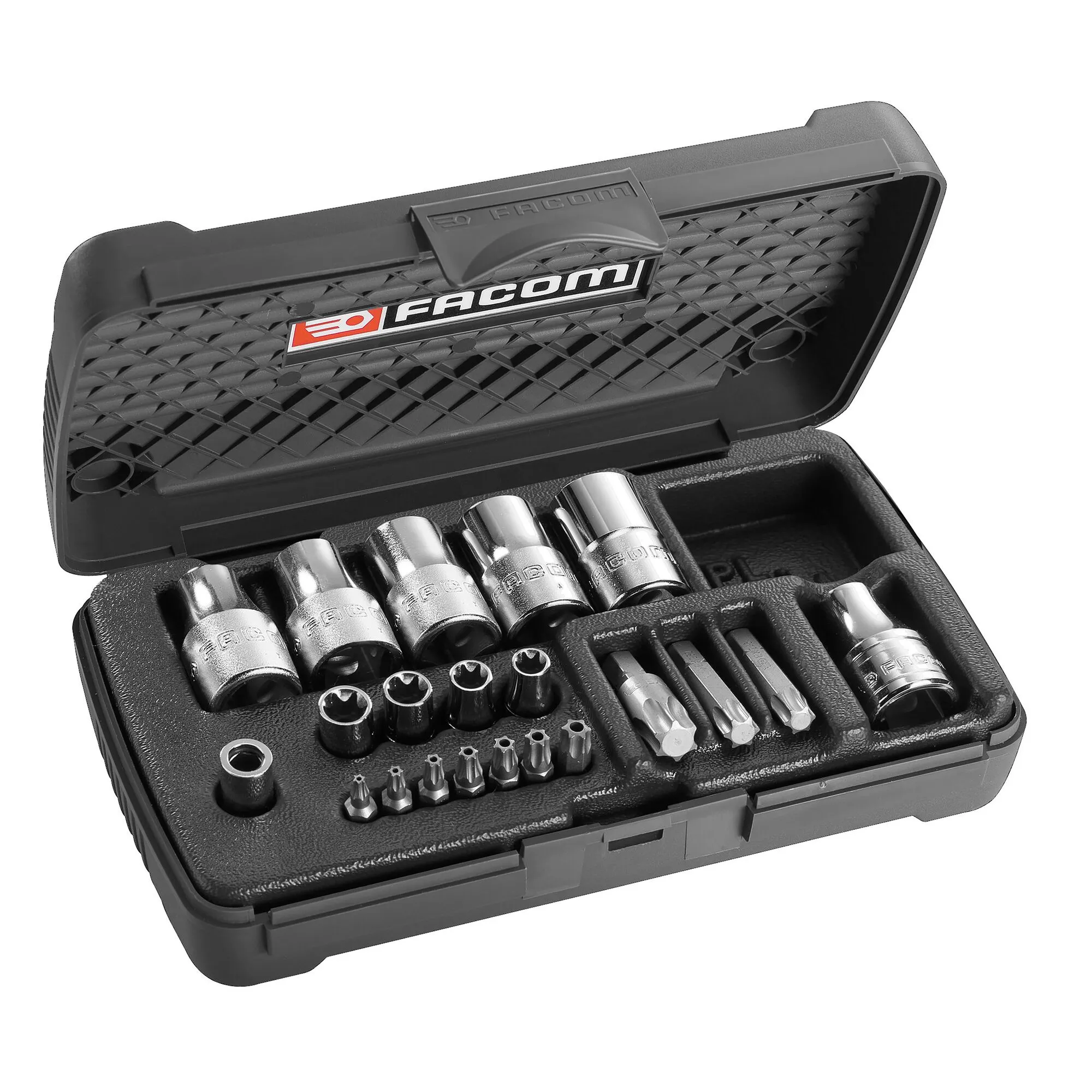 Set di bussole Torx Facom da 21 pezzi in Acciaio al cromo-vanadio, guida quadrata da 1/2", 1/4"