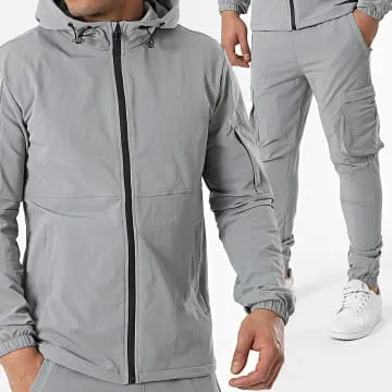 Set giacca con zip e pantaloni cargo grigio con cappuccio