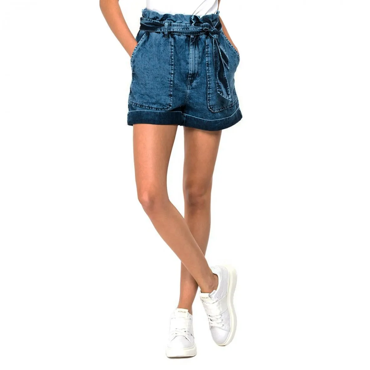 Shorts In Denim Con Cintura, Blu