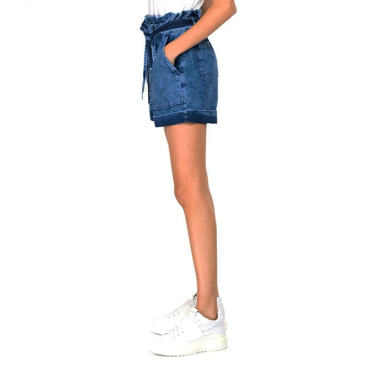 Shorts In Denim Con Cintura, Blu