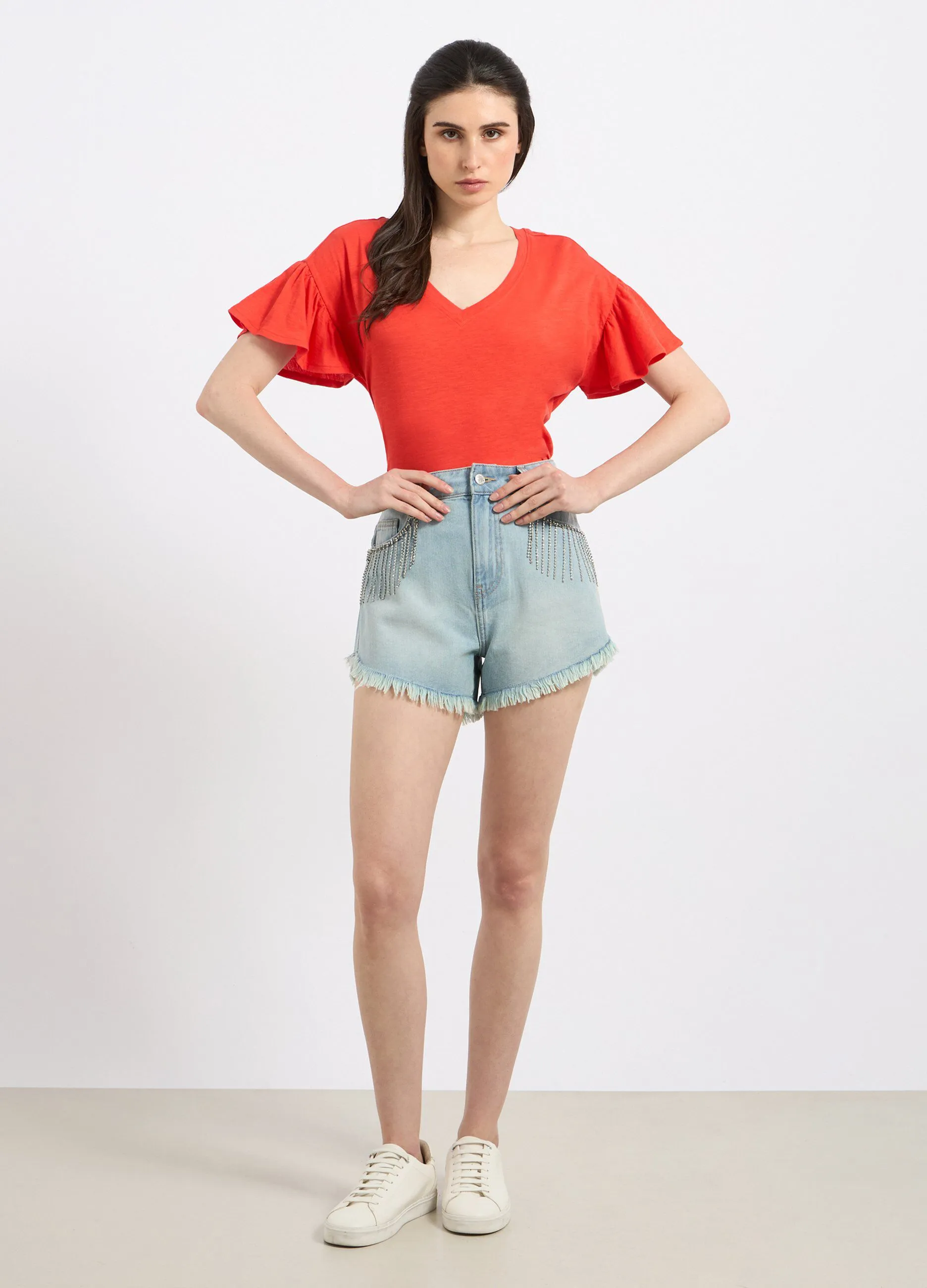 Shorts in denim di puro cotone con applicazioni donna