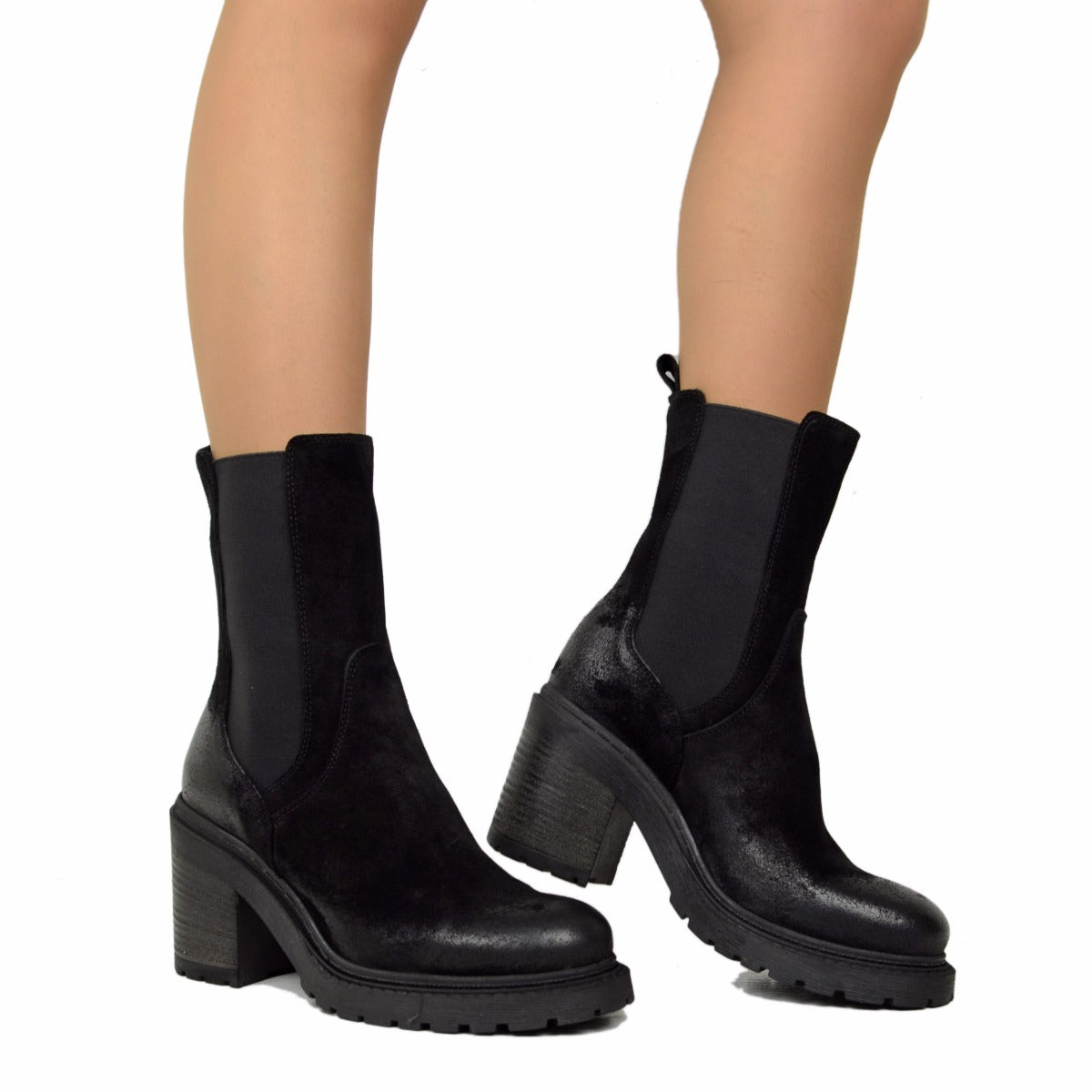 Stivaletti Beatles Donna Neri in Pelle Scamosciata Vintage