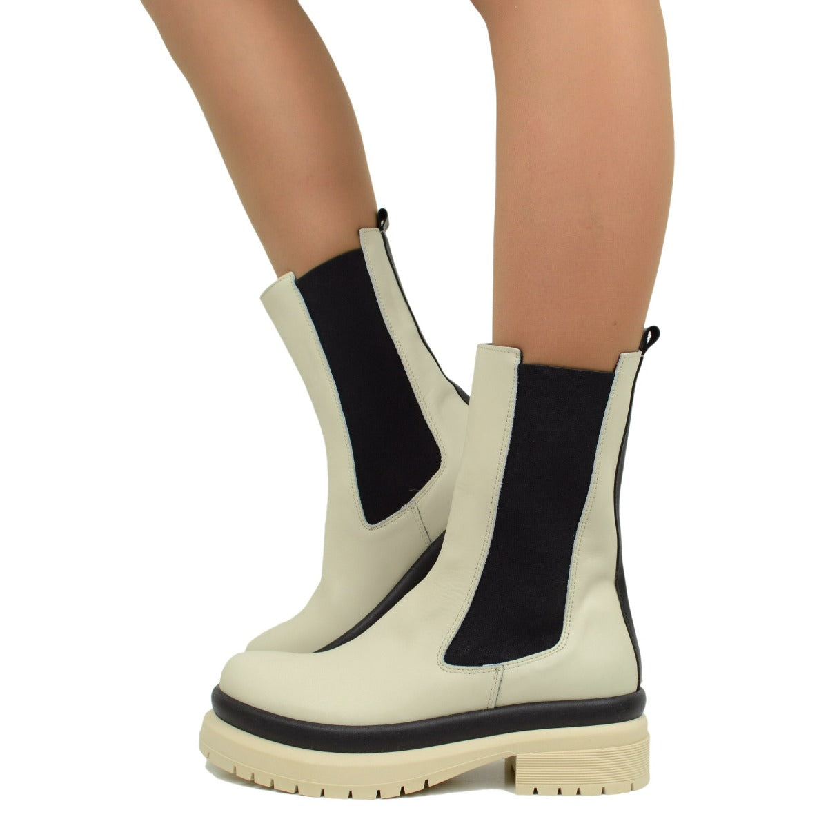 Stivaletti Beatles Donna Offwhite Made in Italy con Inserti Elasticizzati