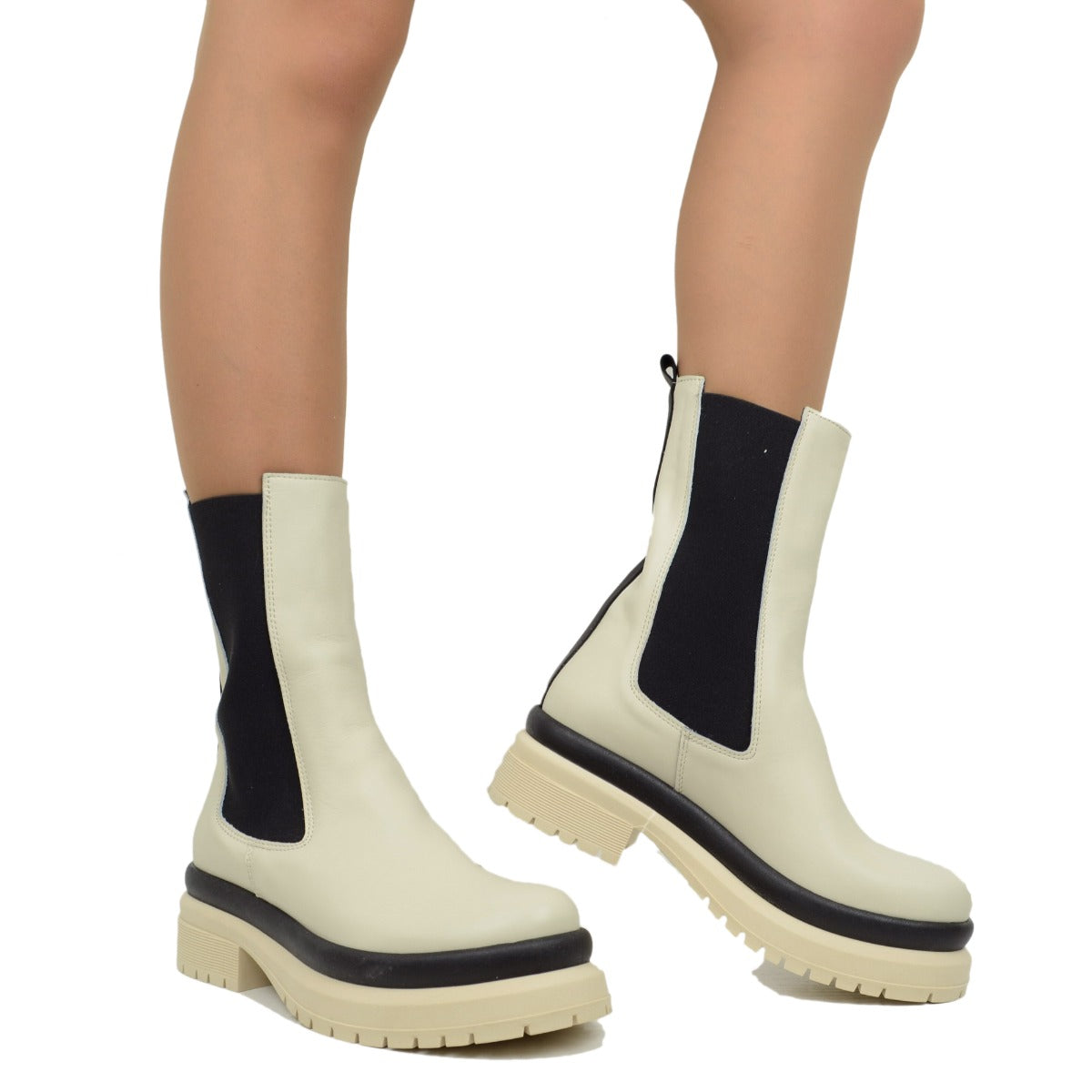 Stivaletti Beatles Donna Offwhite Made in Italy con Inserti Elasticizzati