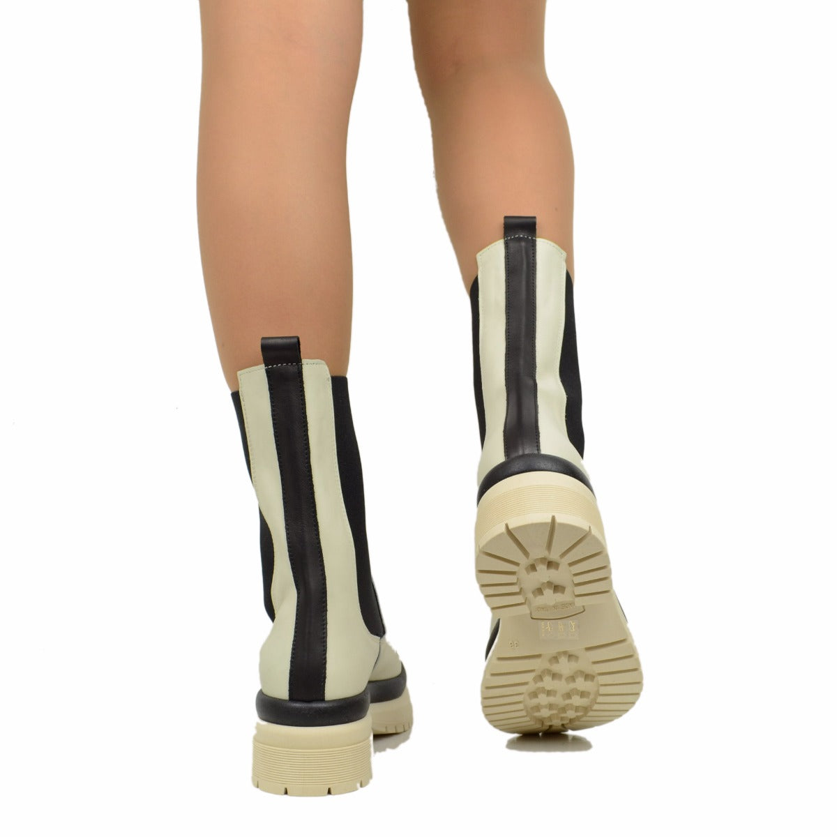 Stivaletti Beatles Donna Offwhite Made in Italy con Inserti Elasticizzati