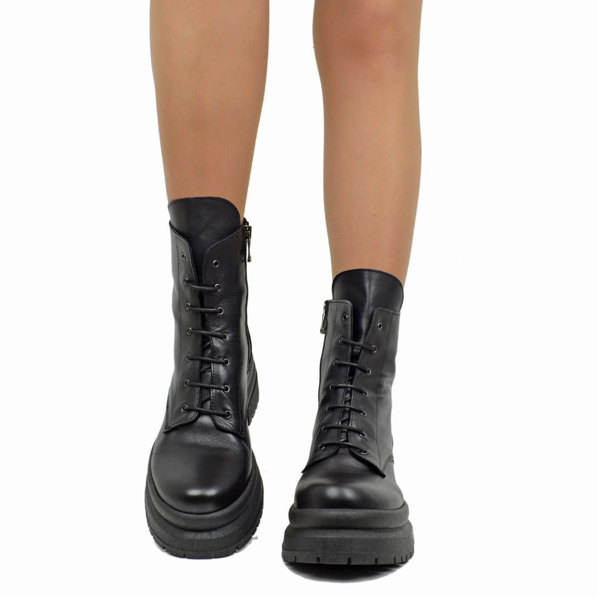 Stivaletti Donna Anfibi Biker Neri in Pelle Made in Italy