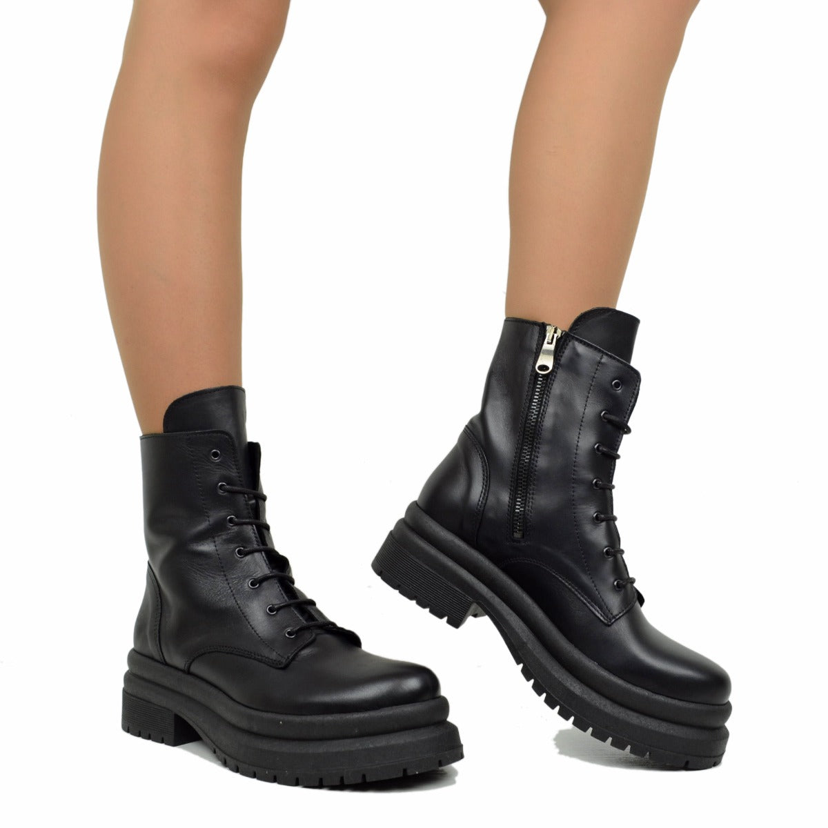 Stivaletti Donna Anfibi Biker Neri in Pelle Made in Italy