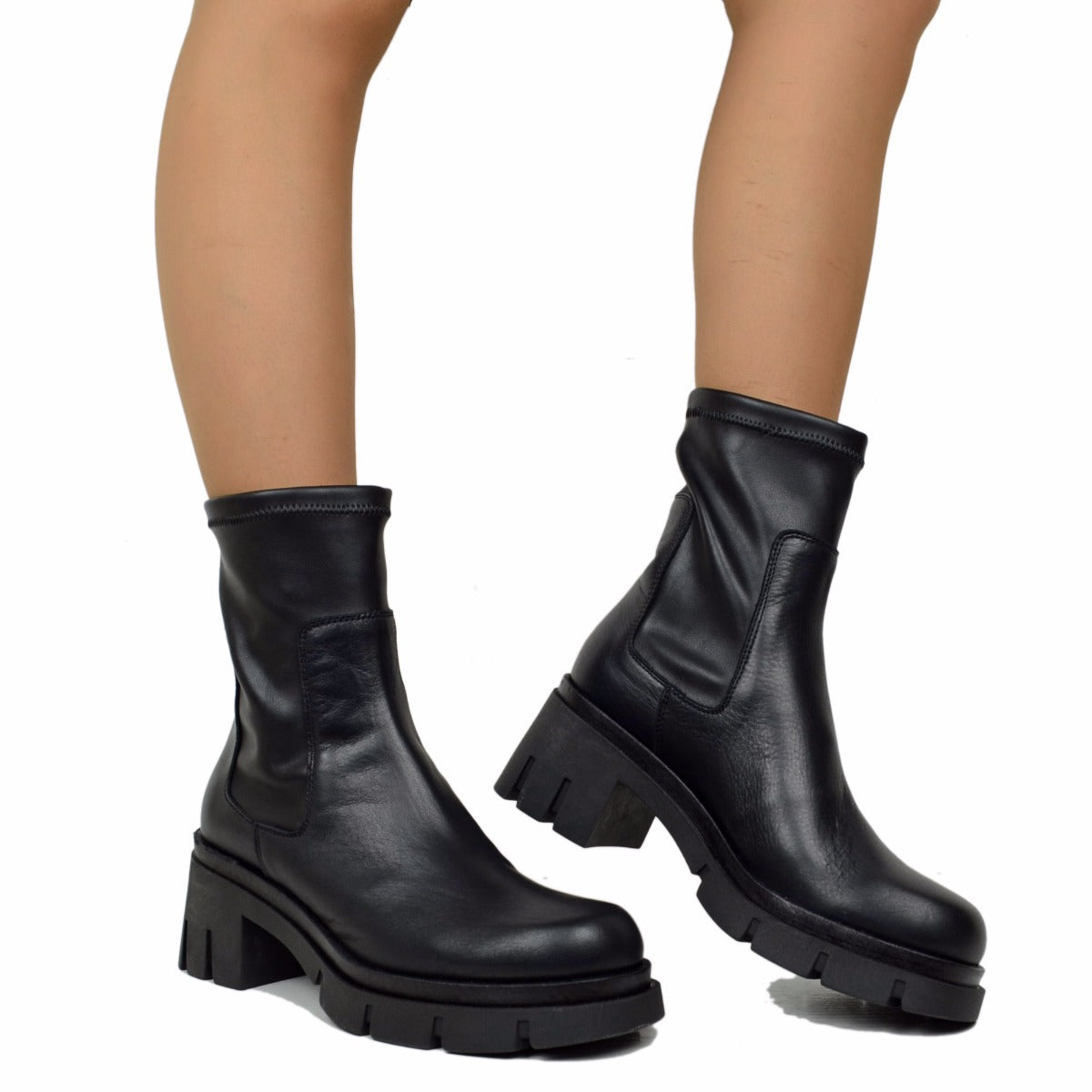 Stivaletti Donna Elasticizzati in Pelle Neri Made in Italy
