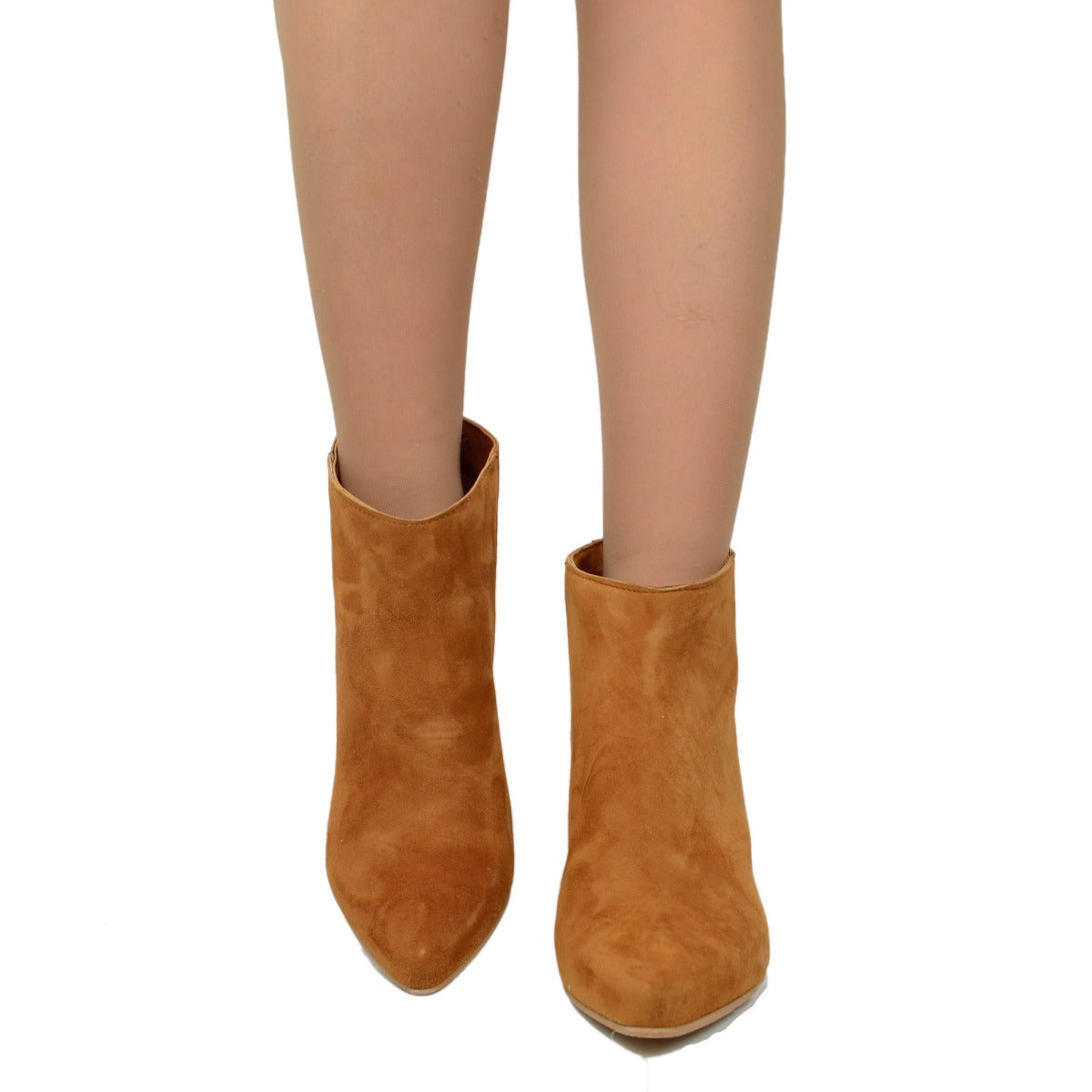Stivaletti Donna Estivi in Pelle Scamosciata Cuoio con Zip