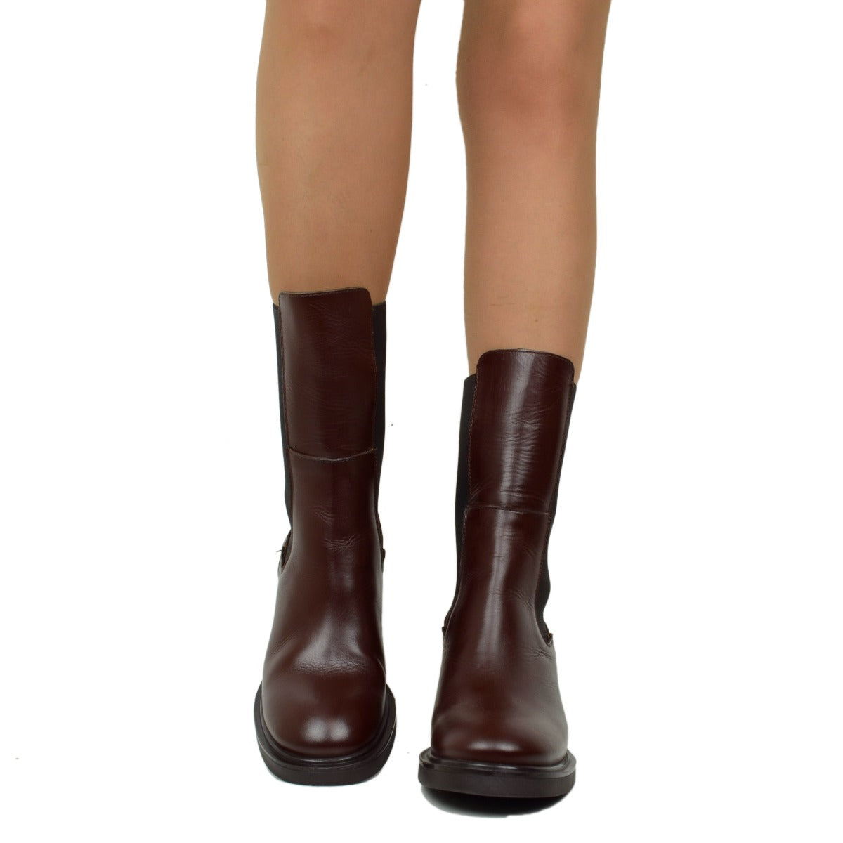 Stivaletti Donna in Pelle Marroni con Inserti Elasticizzati
