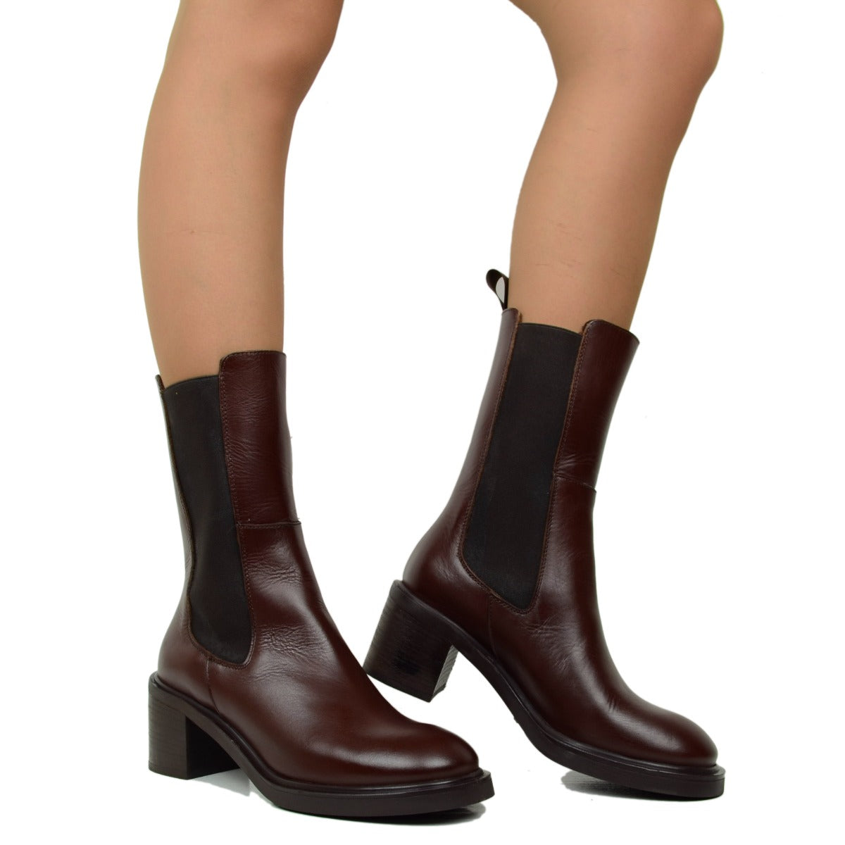 Stivaletti Donna in Pelle Marroni con Inserti Elasticizzati