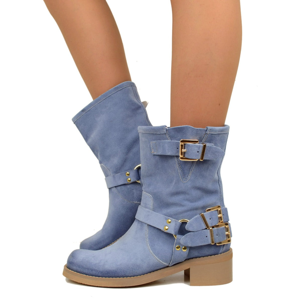 Stivaletti Donna in Pelle Scamosciata Blu con Punta Squadrata
