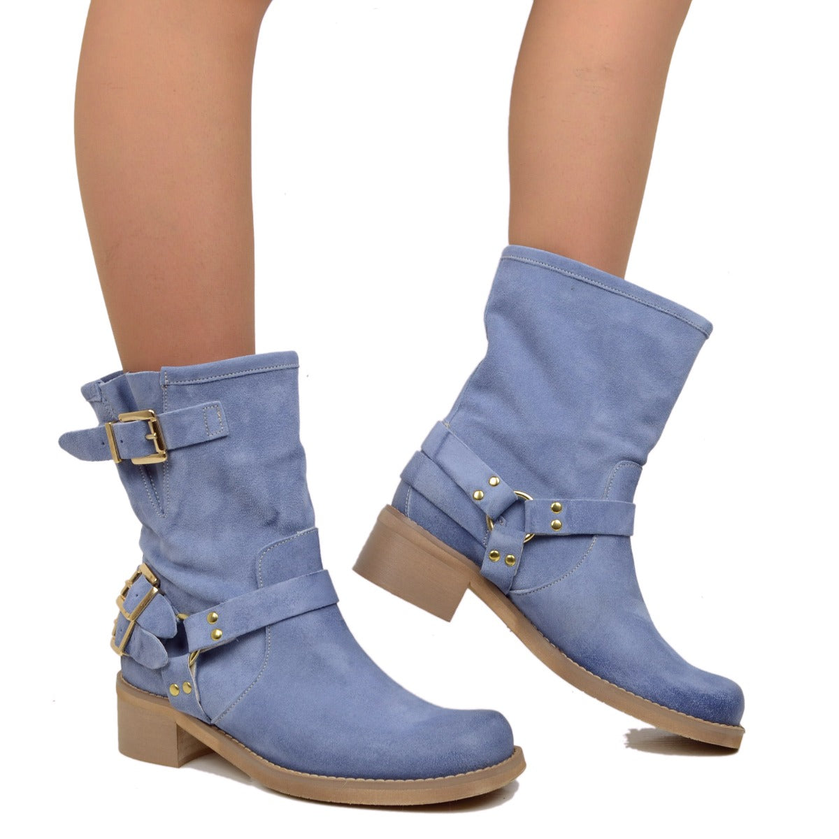 Stivaletti Donna in Pelle Scamosciata Blu con Punta Squadrata