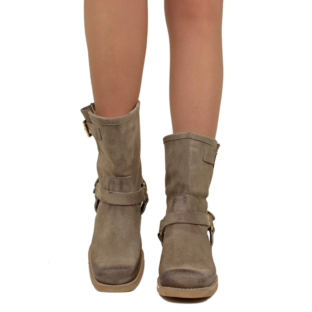 Stivaletti Donna in Pelle Scamosciata Taupe con Punta Squadrata