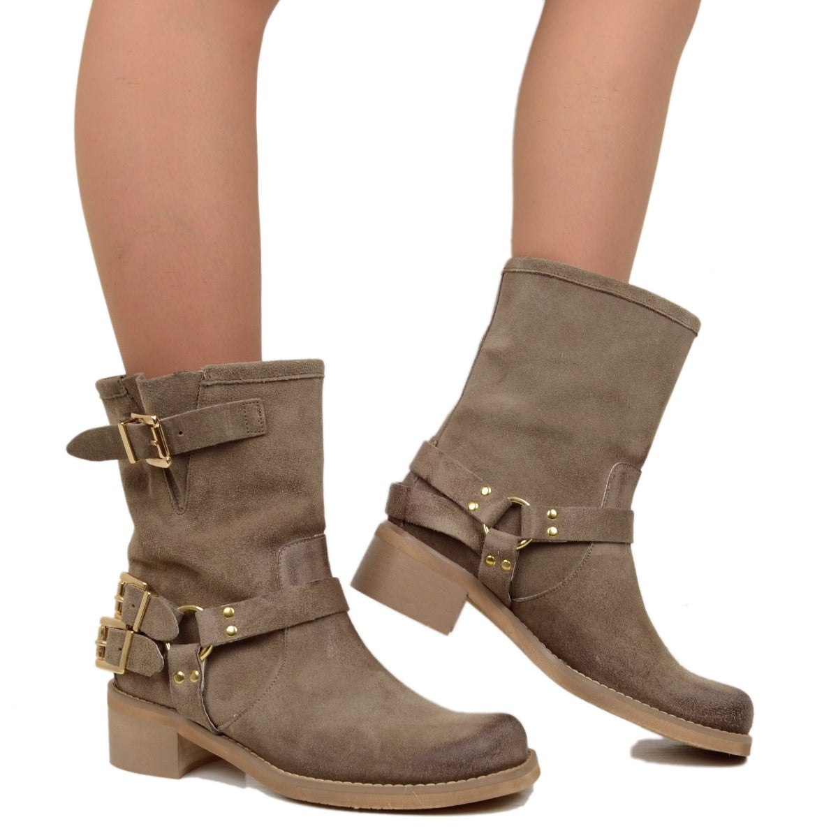 Stivaletti Donna in Pelle Scamosciata Taupe con Punta Squadrata