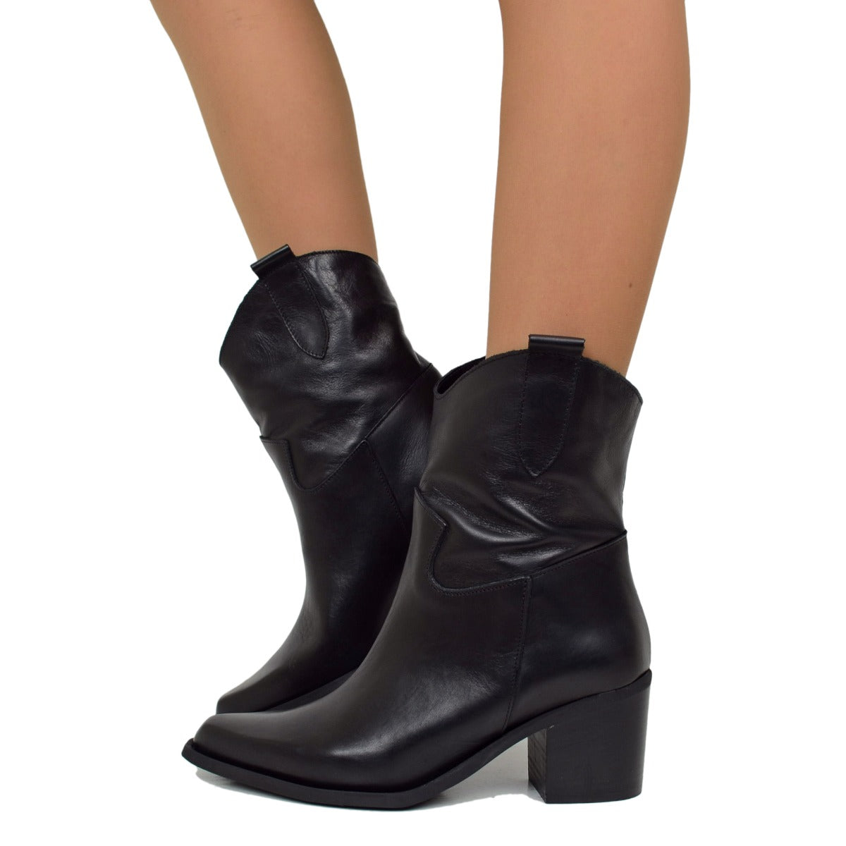 Stivaletti Texani Donna Neri in Pelle Tacco Medio Made in Italy
