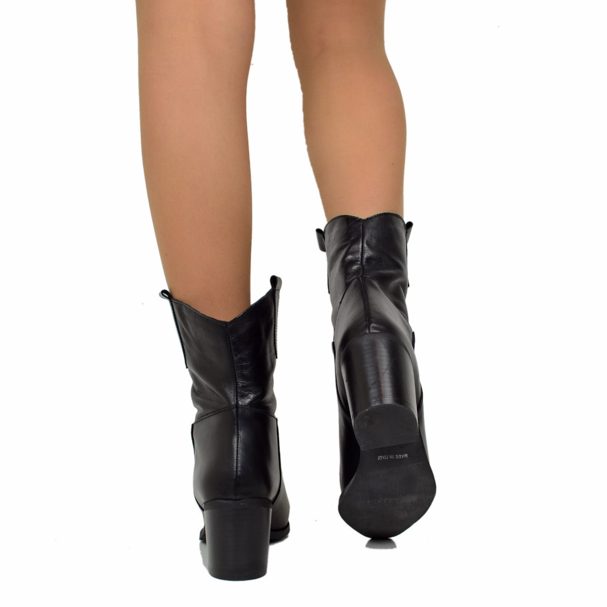 Stivaletti Texani Donna Neri in Pelle Tacco Medio Made in Italy