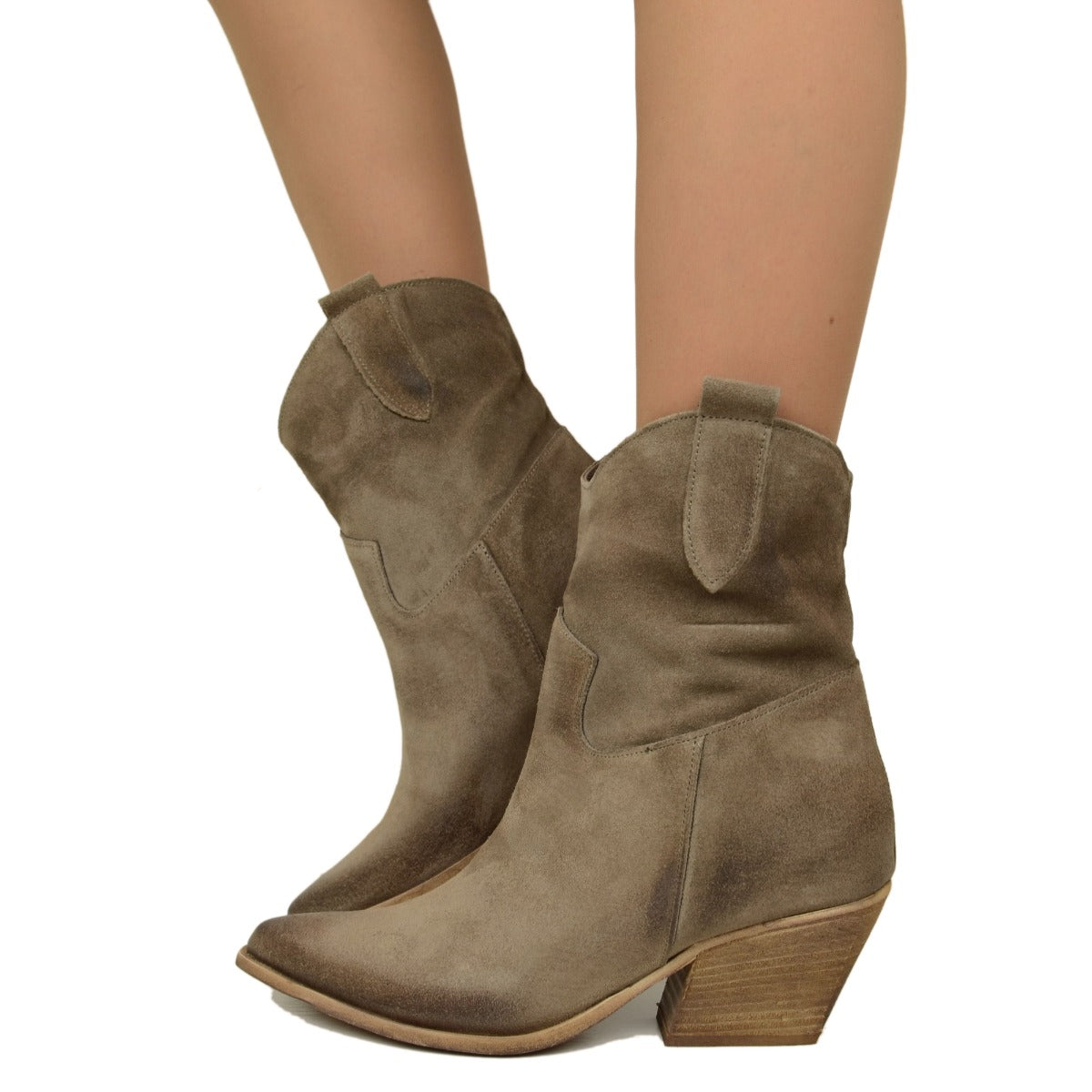 Stivaletti Texani Donna Scamosciati Taupe Made in Italy