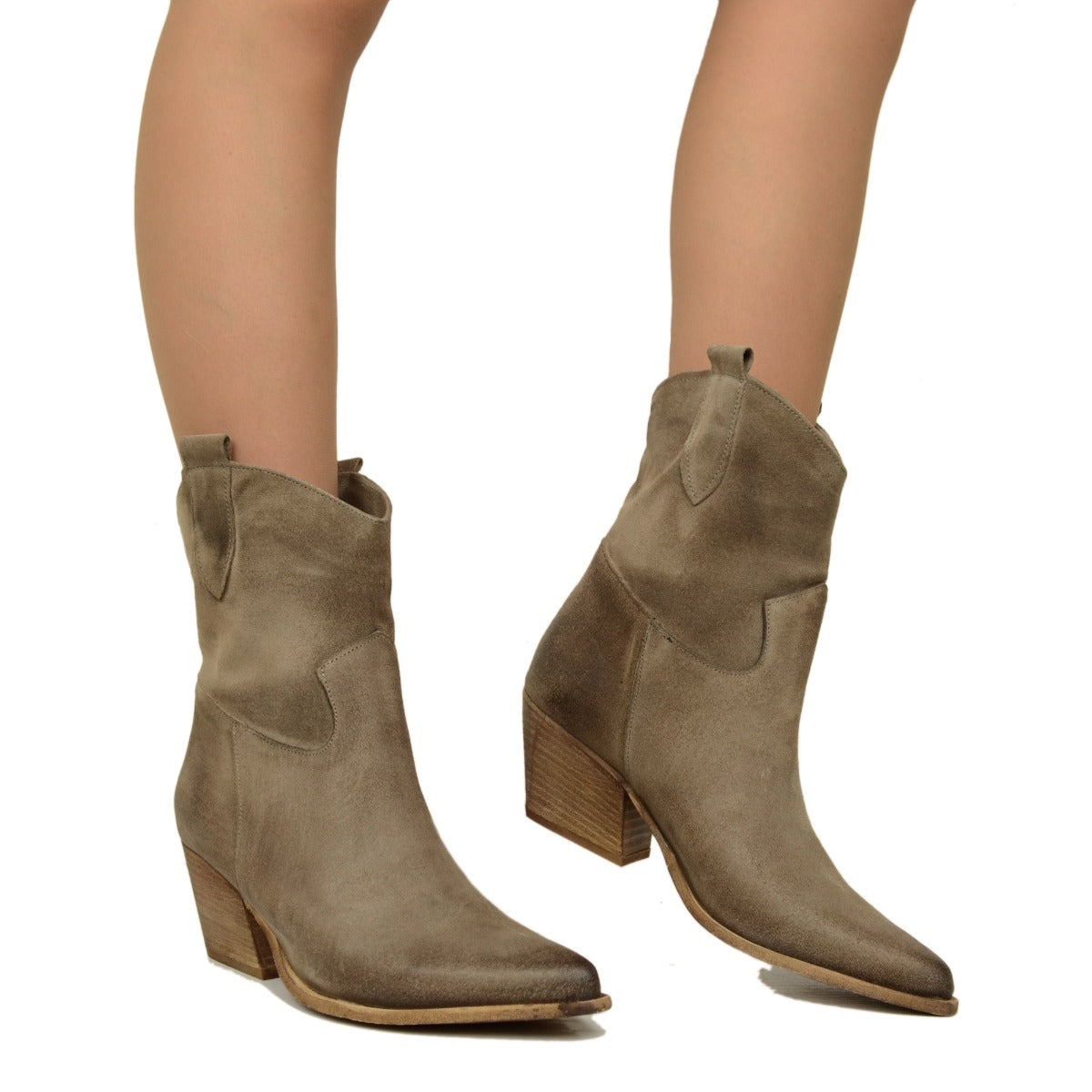 Stivaletti Texani Donna Scamosciati Taupe Made in Italy