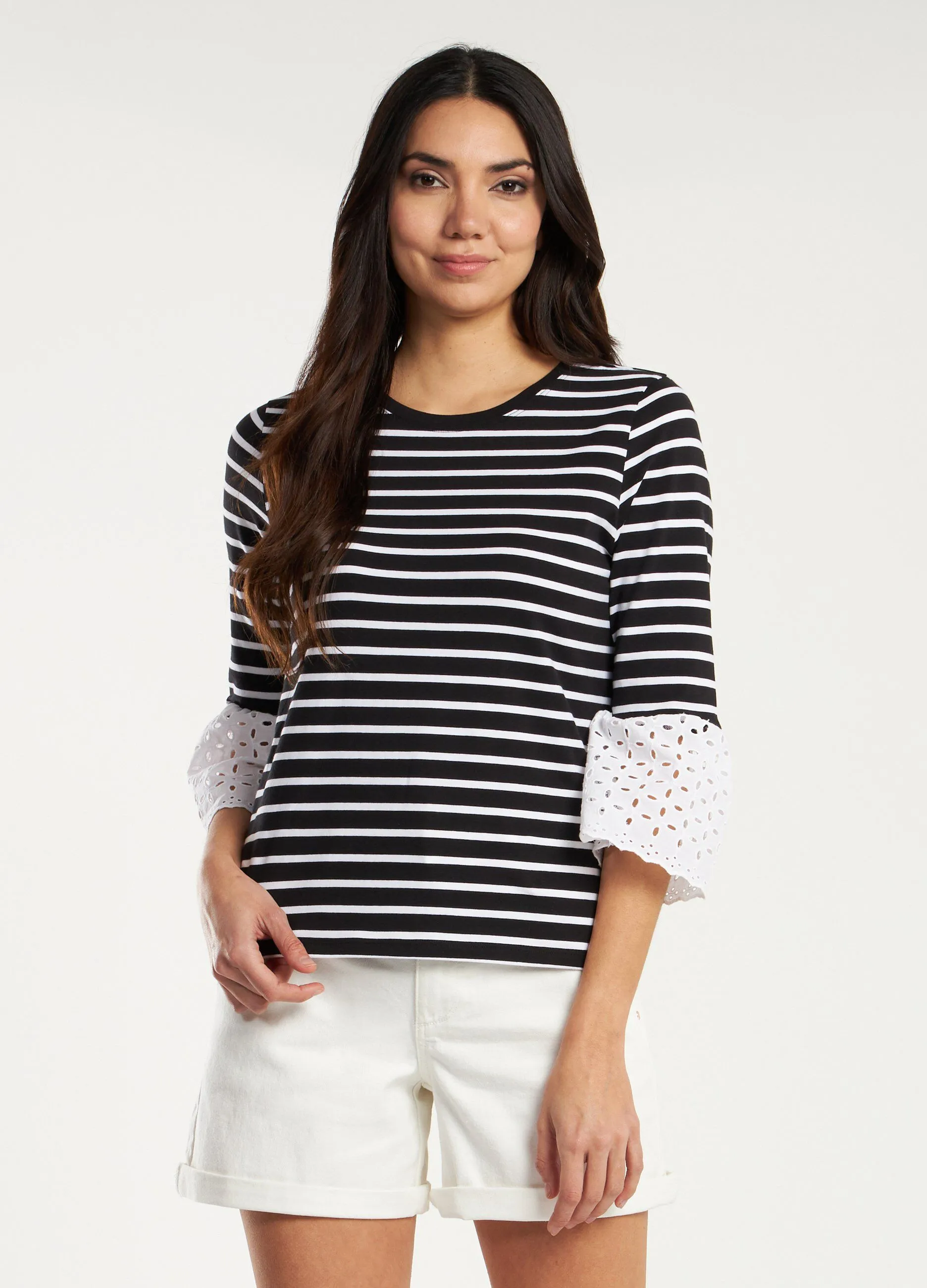 T-shirt a righe con inserti in sangallo donna