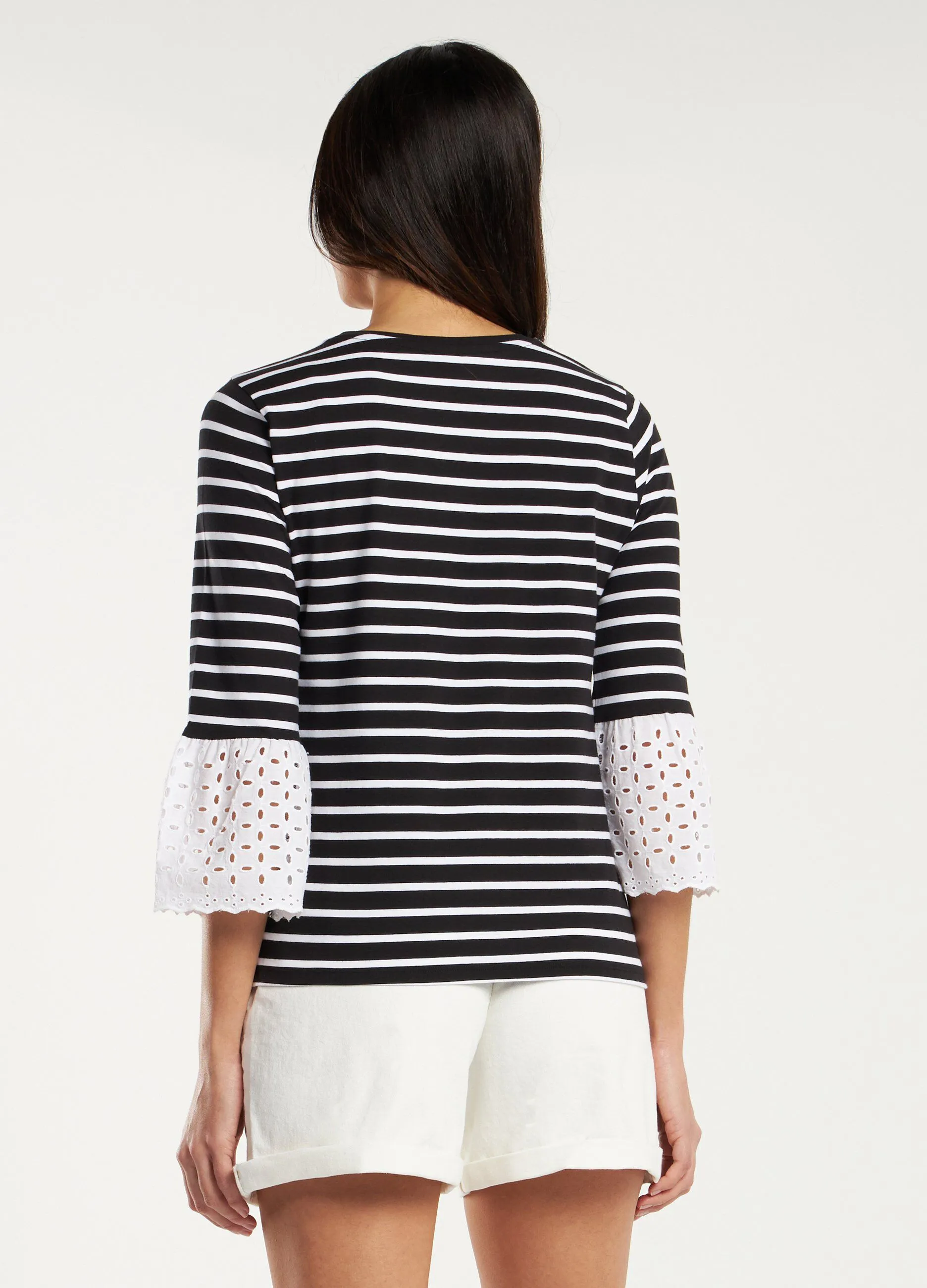 T-shirt a righe con inserti in sangallo donna
