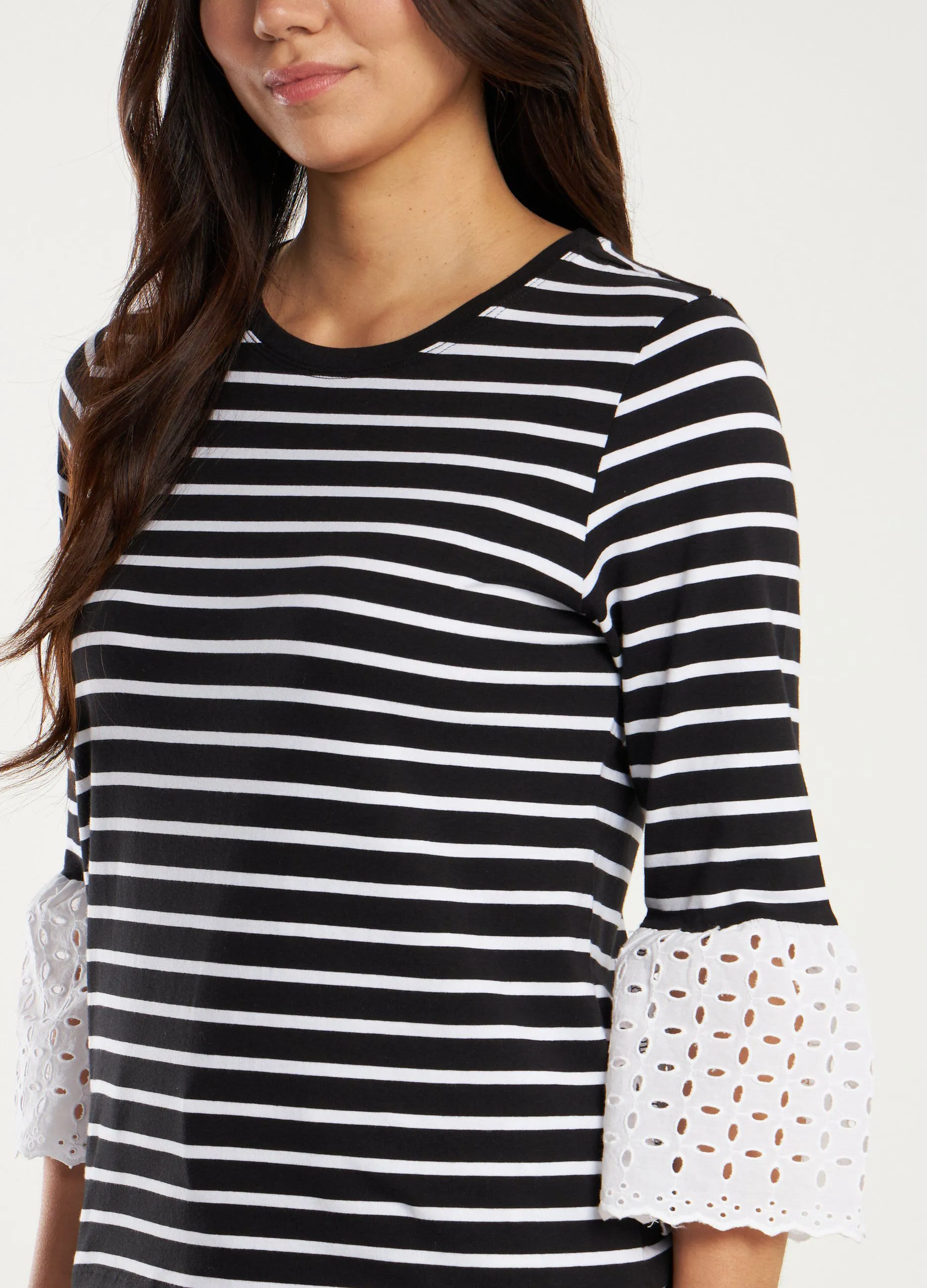T-shirt a righe con inserti in sangallo donna