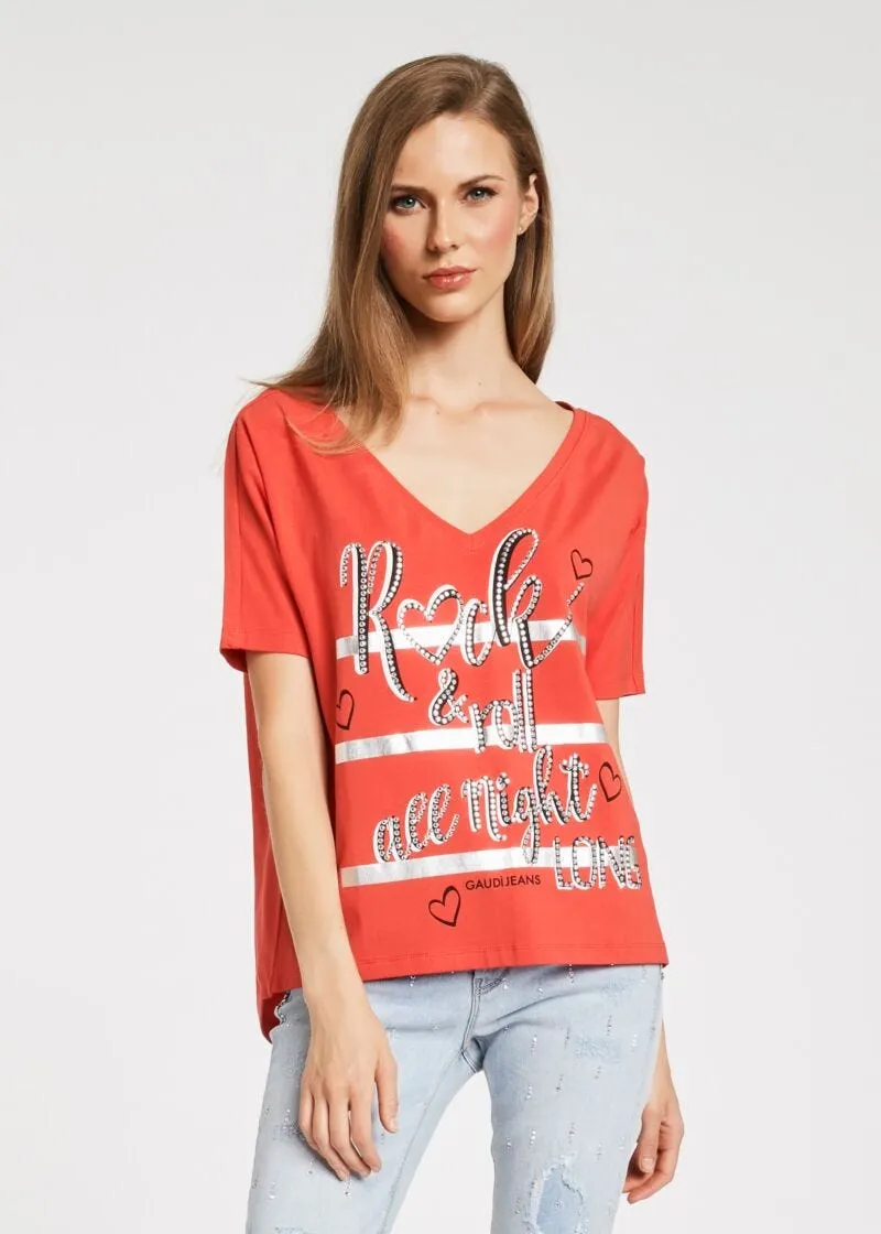 T-shirt con lettering e strass