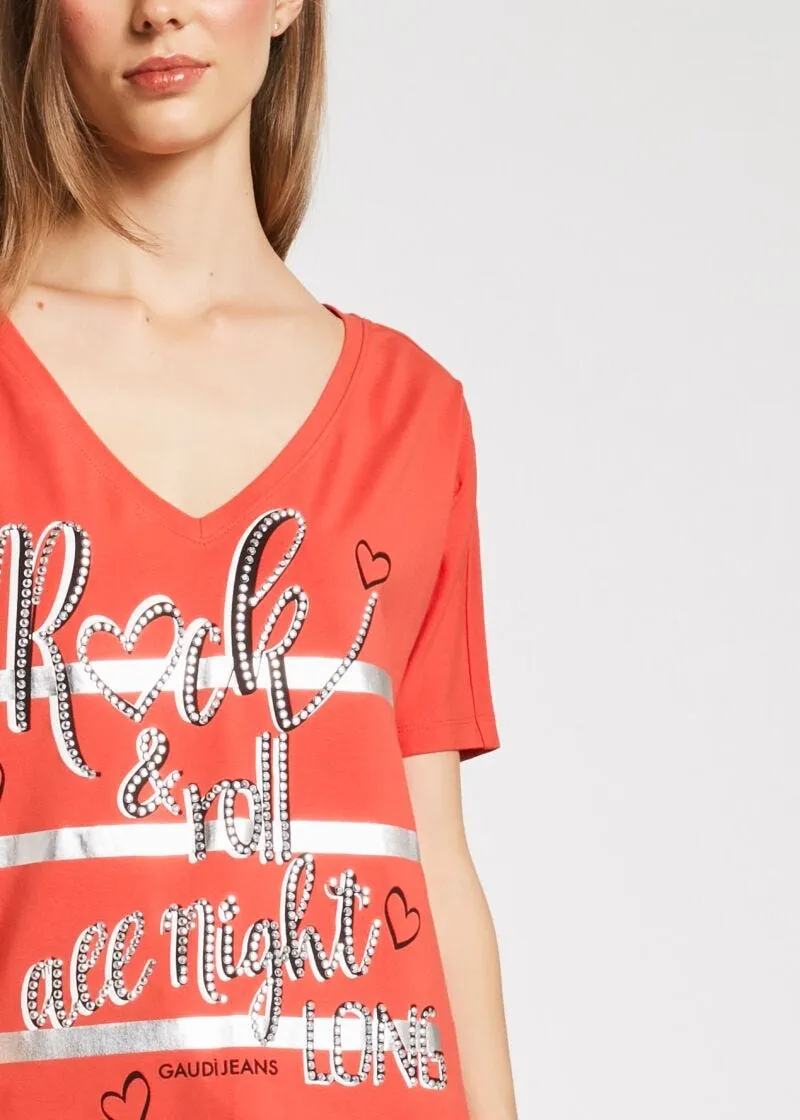 T-shirt con lettering e strass
