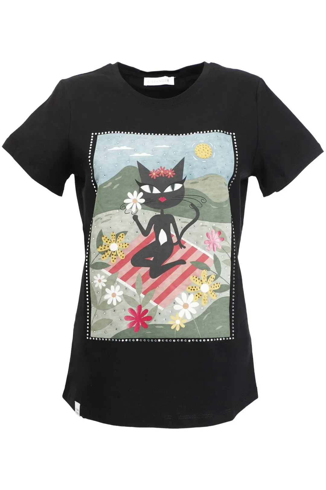 t-shirt con stampa cat noir picafènoiric sul prato nero