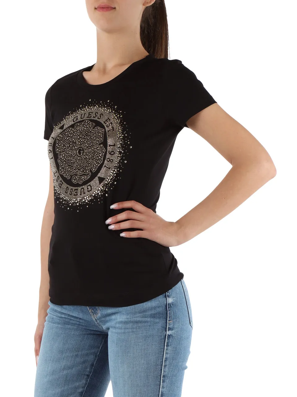 T-shirt slim fit in cotone stretch con borchiette