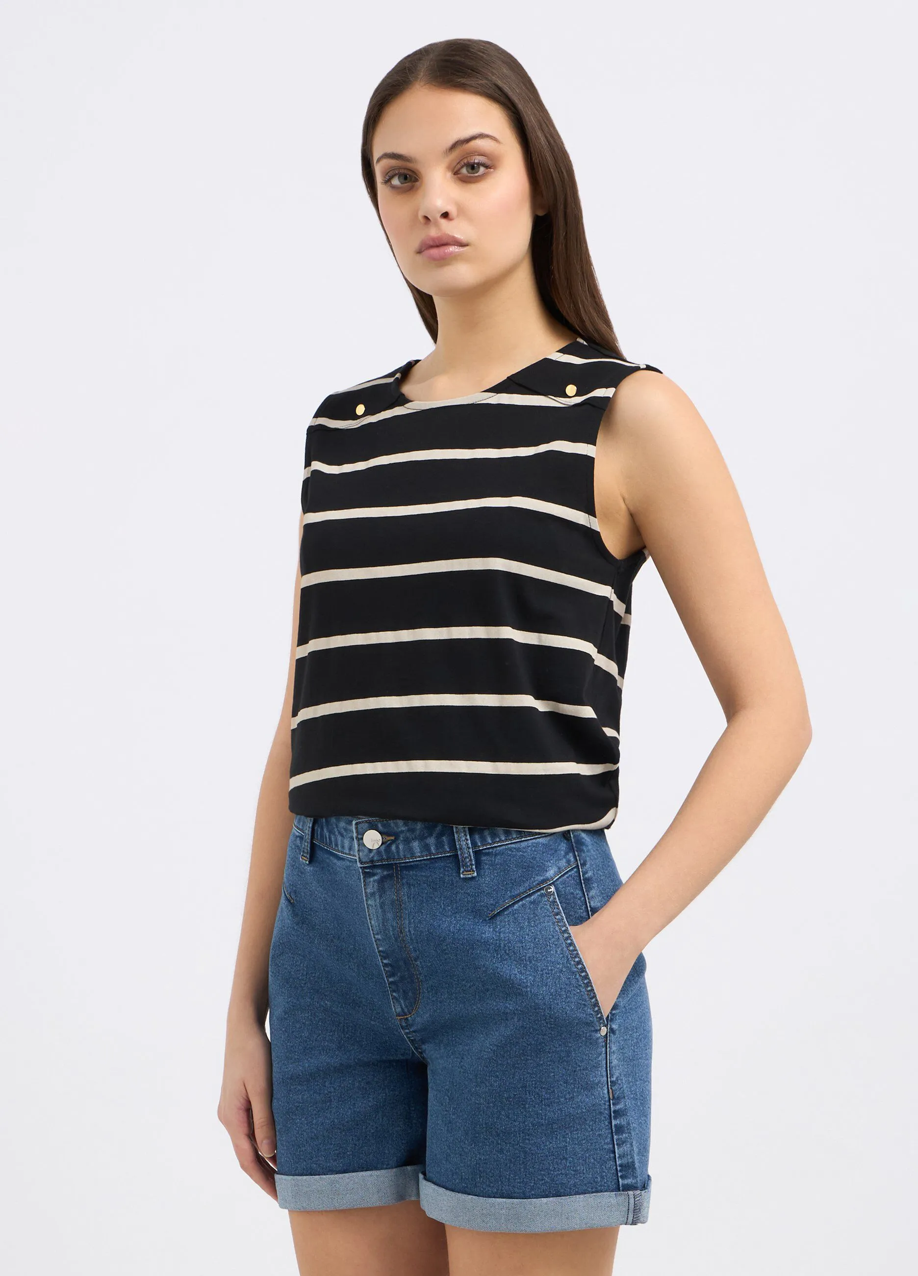 T-shirt smanicata a righe in puro cotone donna