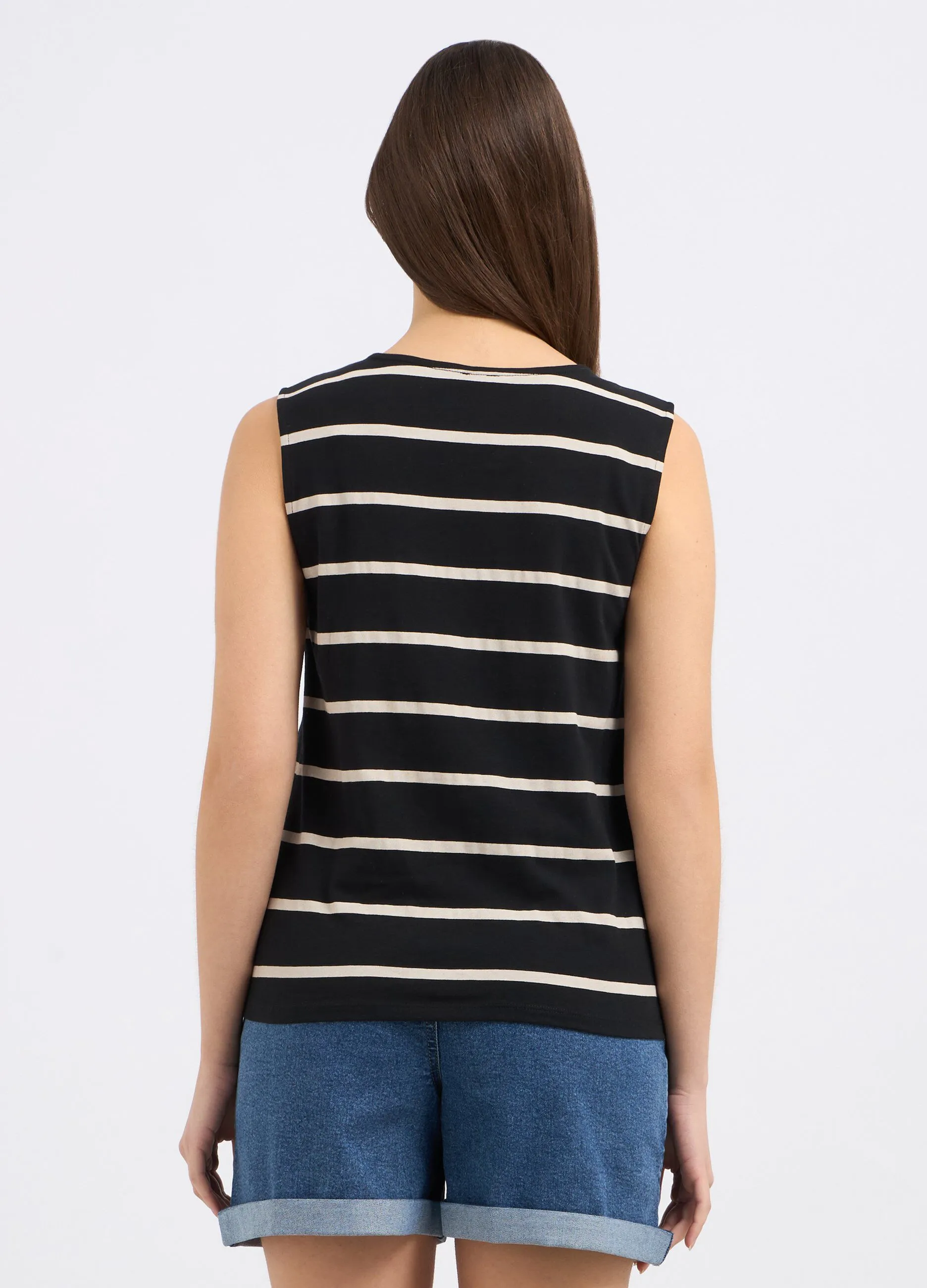 T-shirt smanicata a righe in puro cotone donna