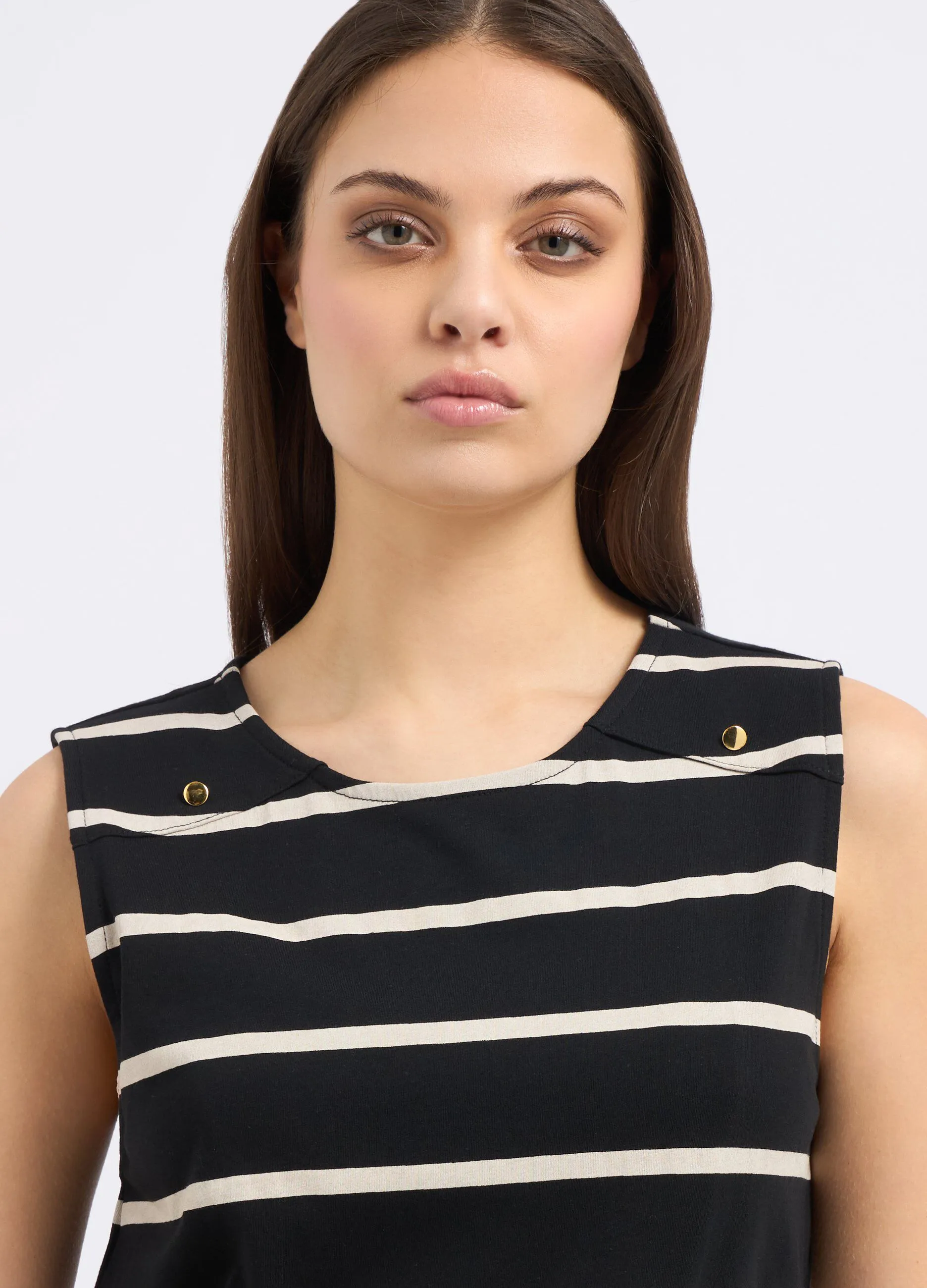 T-shirt smanicata a righe in puro cotone donna