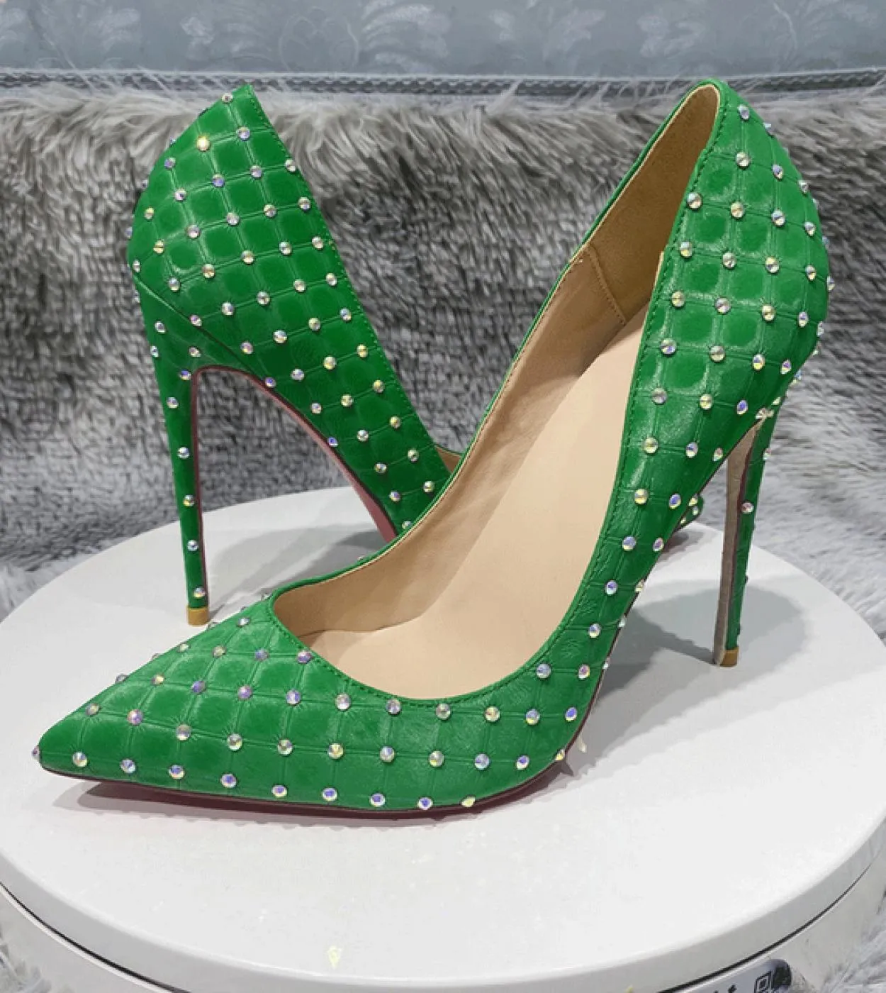 Tikicup strass donna verde tessuto floccato scozzese punta a punta scarpe tacco alto Splendido design slip on pompe a spillo