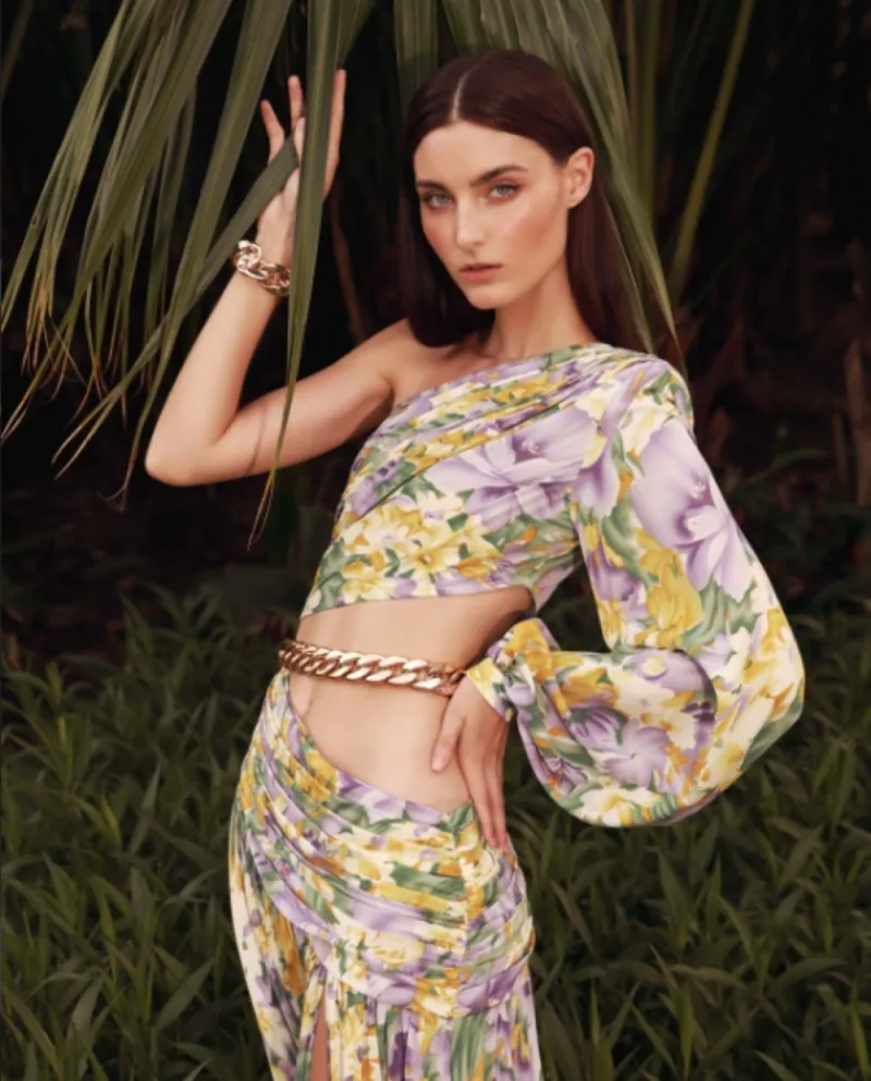 Vestito da altalena irregolare da donna con gonna floreale ombelico con spalle inclinate