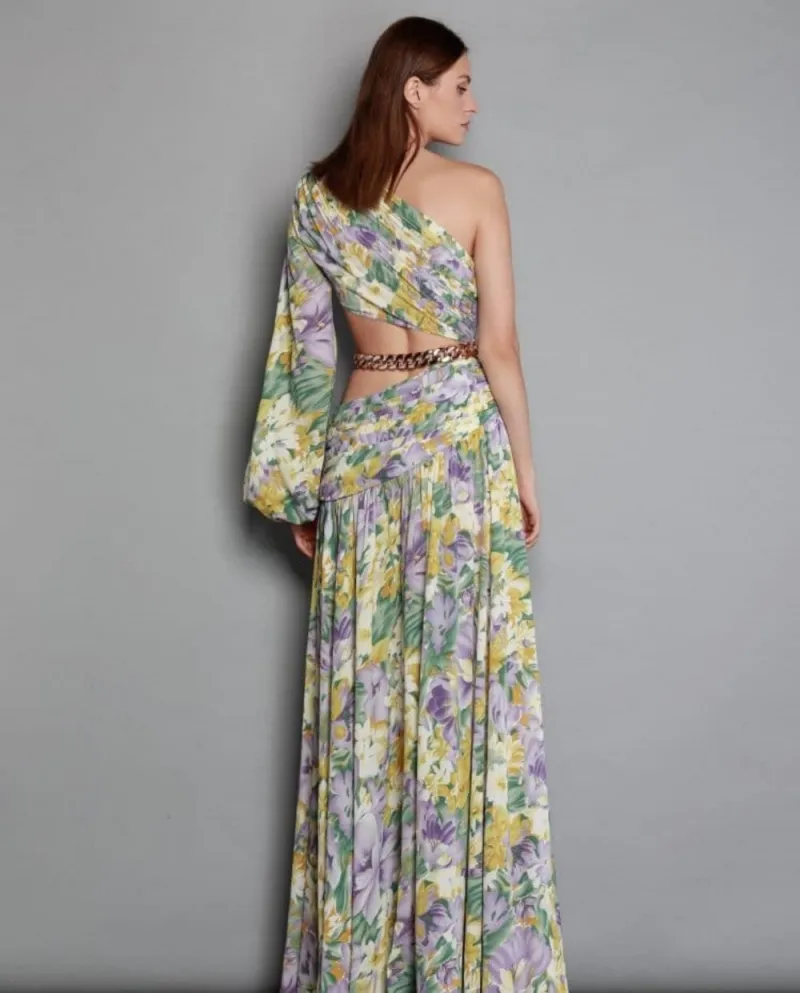 Vestito da altalena irregolare da donna con gonna floreale ombelico con spalle inclinate
