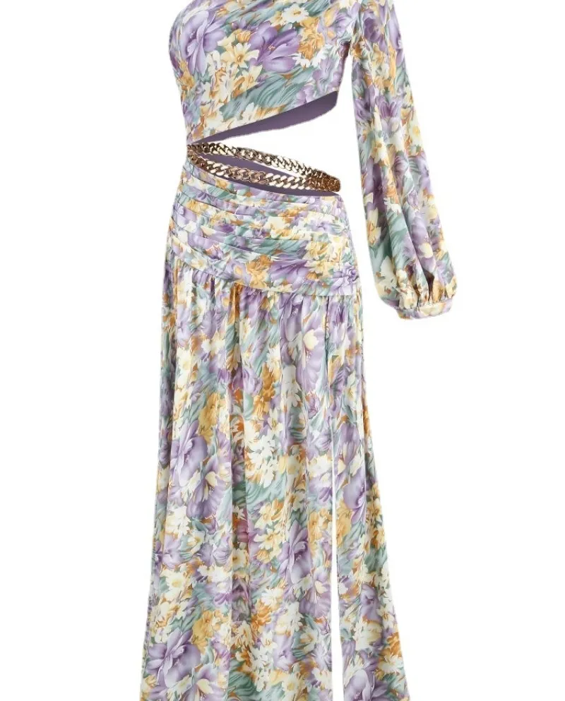 Vestito da altalena irregolare da donna con gonna floreale ombelico con spalle inclinate