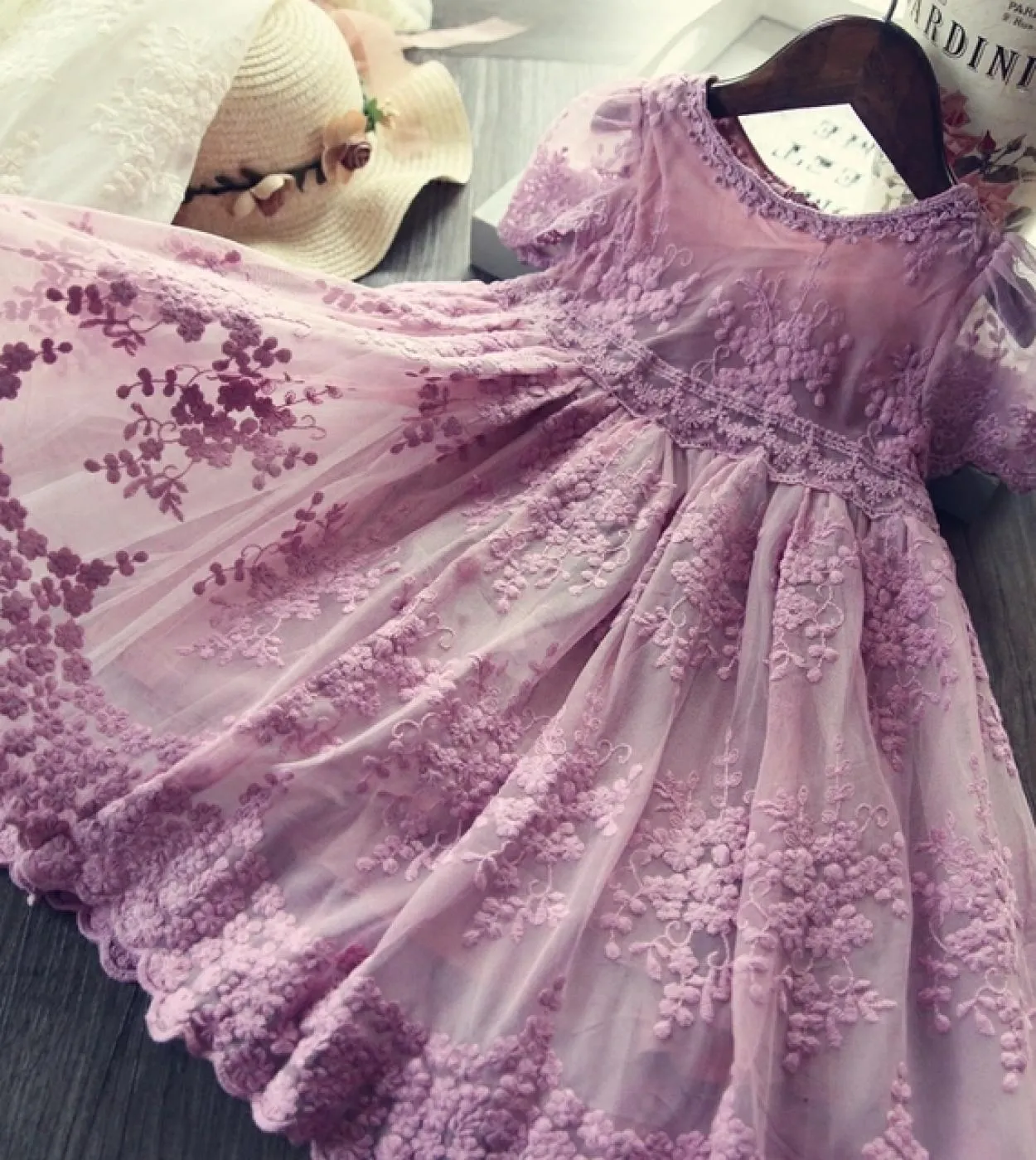Vestito da principessa floreale in pizzo rosa per ragazza Vestito da ricamo a maniche lunghe con fiori ricamati per ragazze Ceri