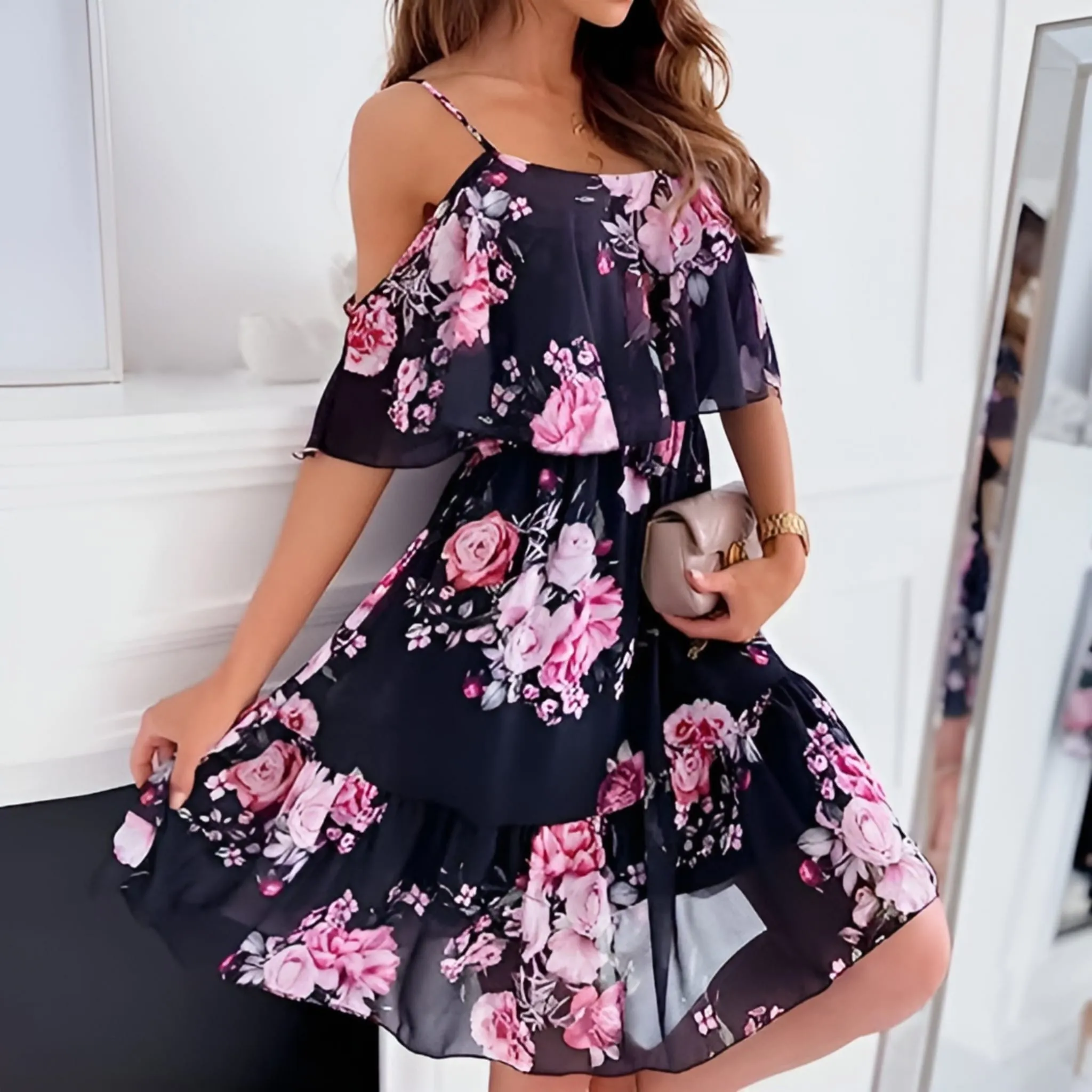 Vestito Donna Campana Scollo Tondo Fantasia Floreale Volant Tulle Comodo