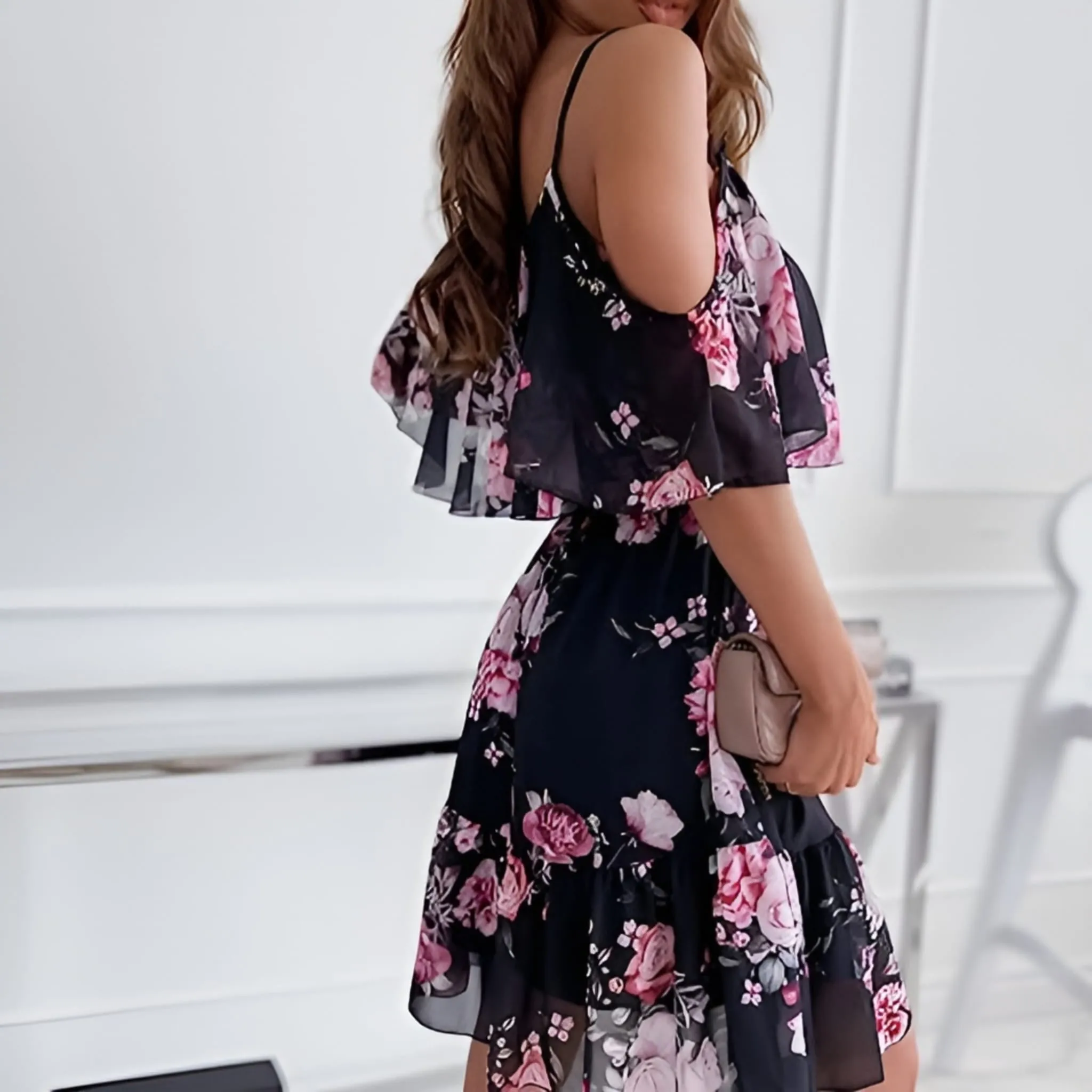 Vestito Donna Campana Scollo Tondo Fantasia Floreale Volant Tulle Comodo