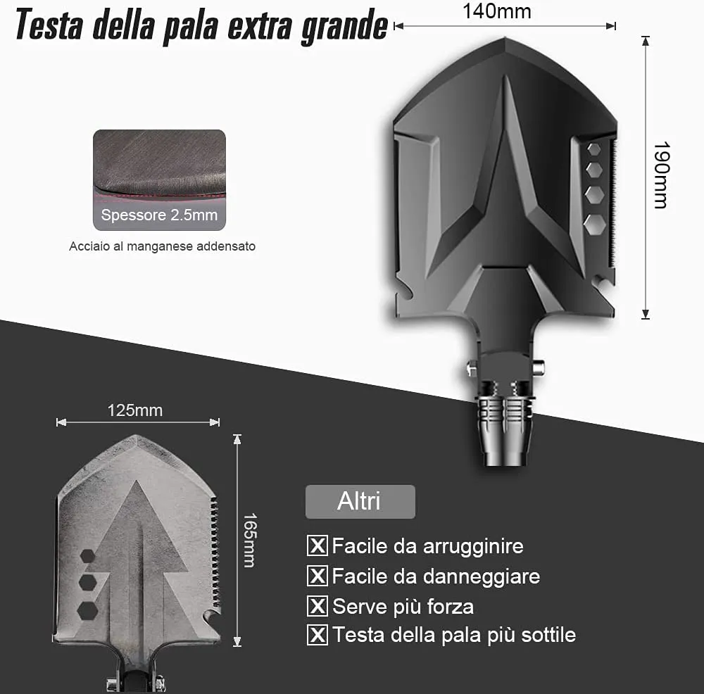 YANTOO Pala da campeggio militare, manico della pala molto più lungo (83 cm di lunghezza), testa della pala extra large, vanga m